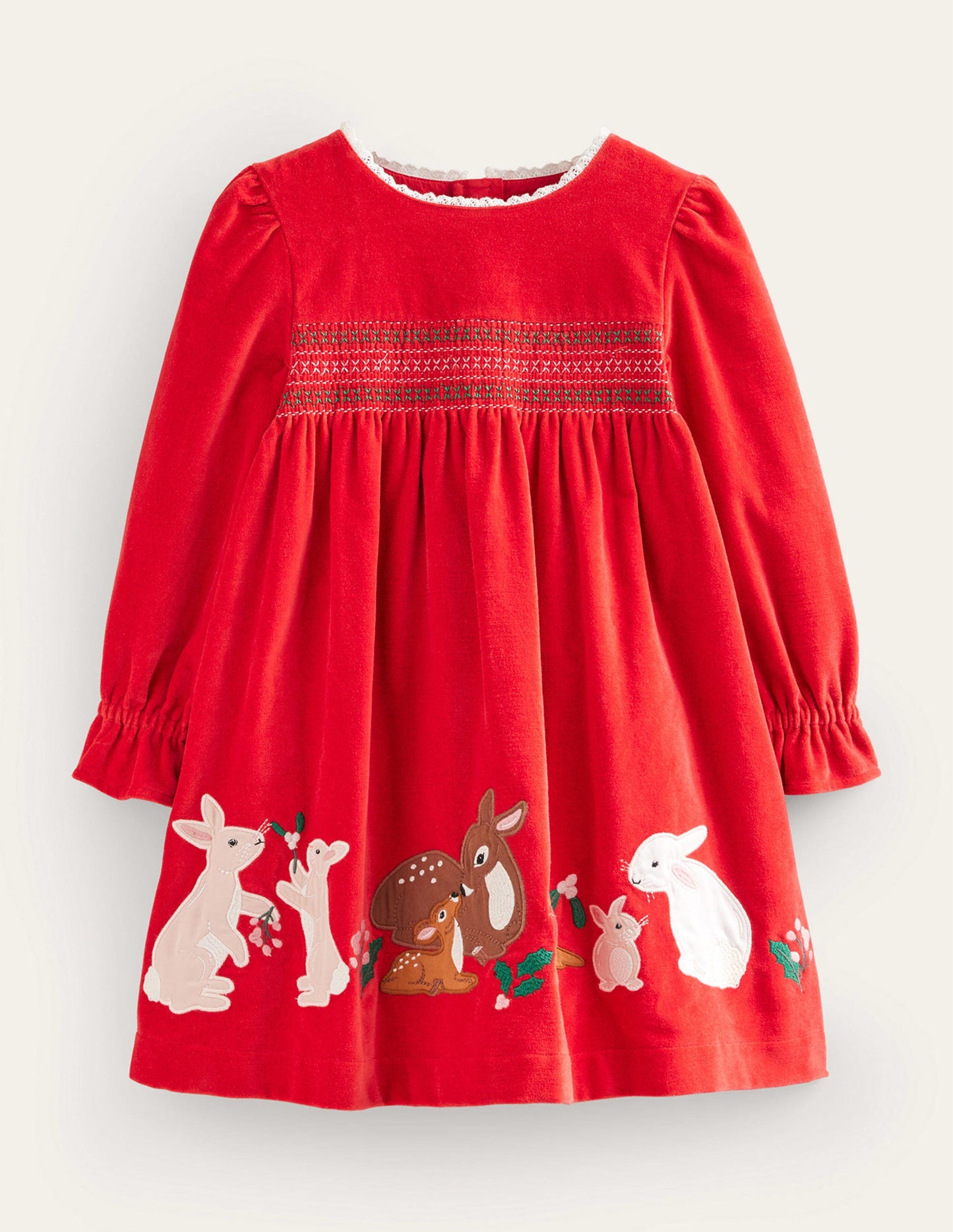 Applique Smocked Velvet Dress-Rockabilly Red