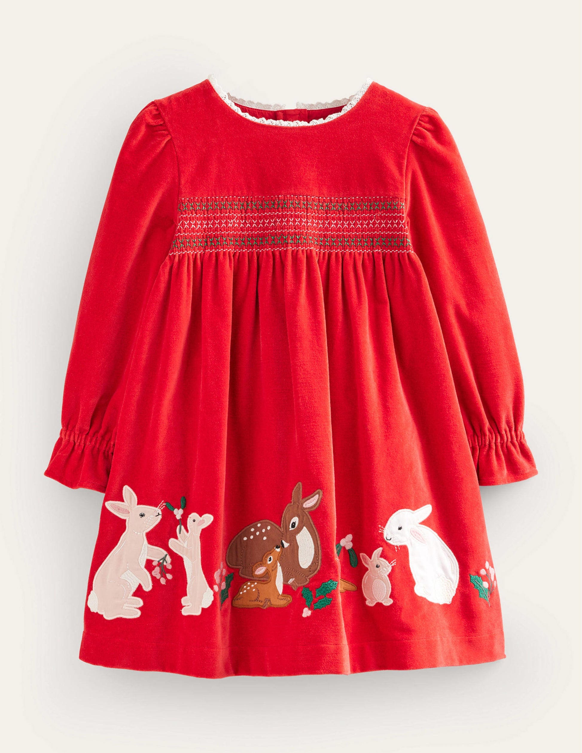 Applique Smocked Velvet Dress-Rockabilly Red-1