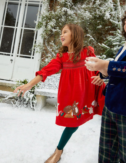 Applique Smocked Velvet Dress-Rockabilly Red-4