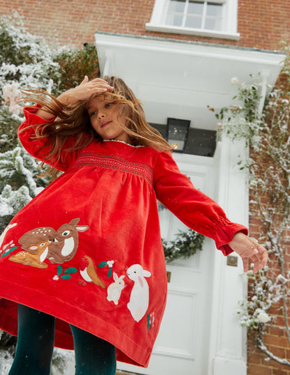 Applique Smocked Velvet Dress-Rockabilly Red-5