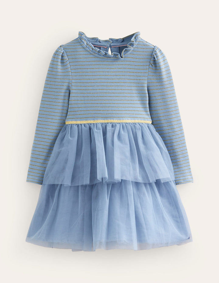 Jersey Tulle Mix Dress-Pebble Blue