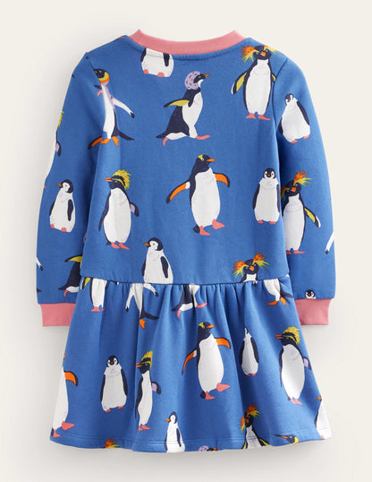 Cosy Printed Sweatshirt Dress-Delft Blue Penguin-2