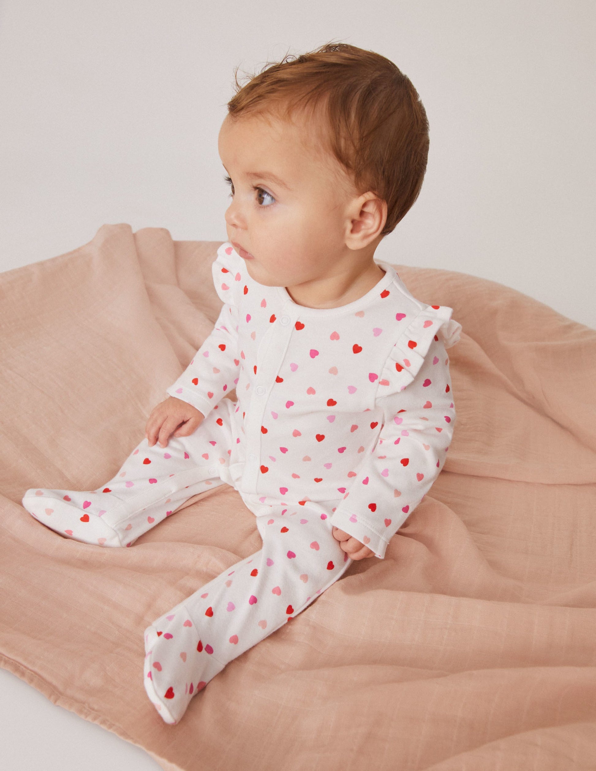 GOTS Frill Sleeve Sleepsuit-Ivory Confetti Hearts-4