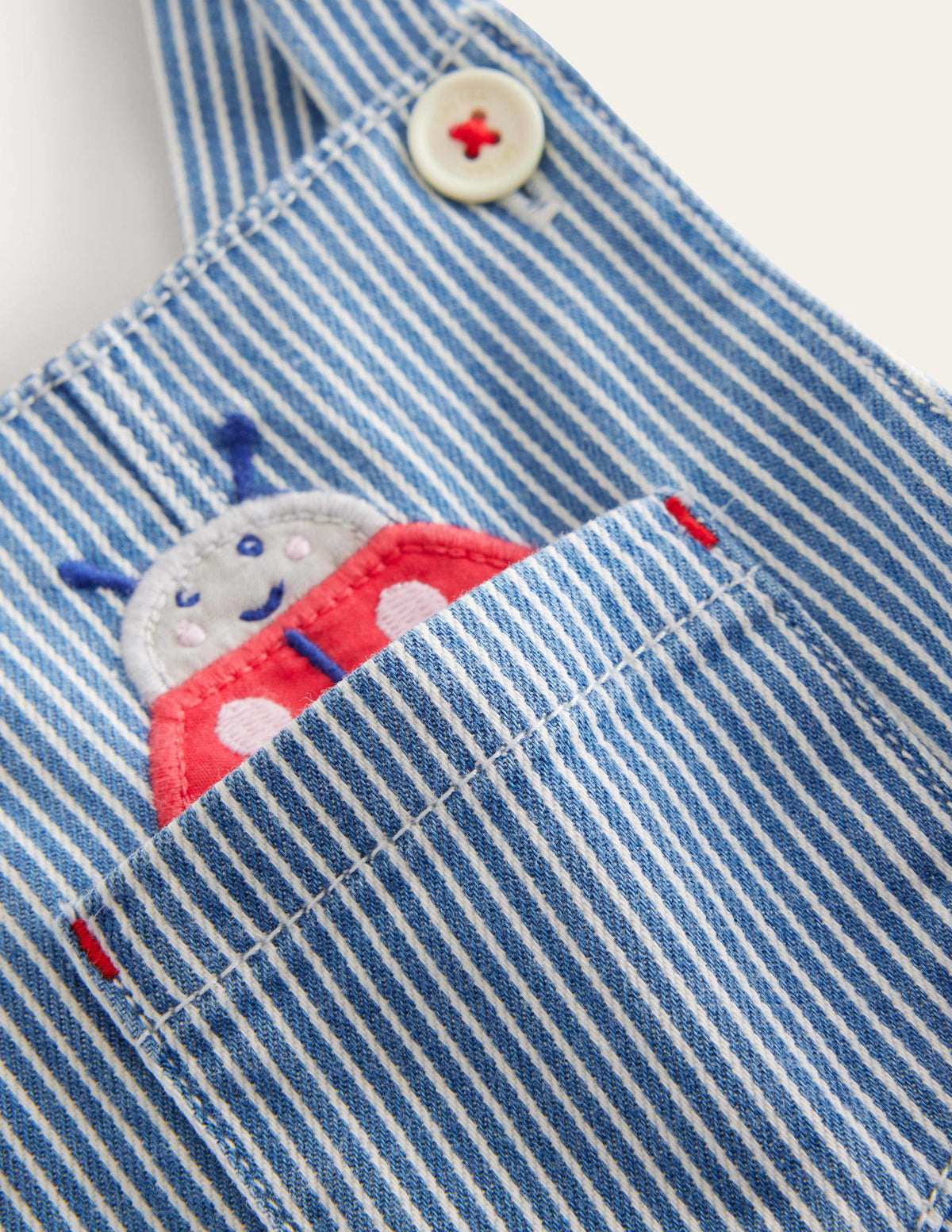 Woven Applique Dungaree-Penzance Blue/Ivory Bugs - Image 3