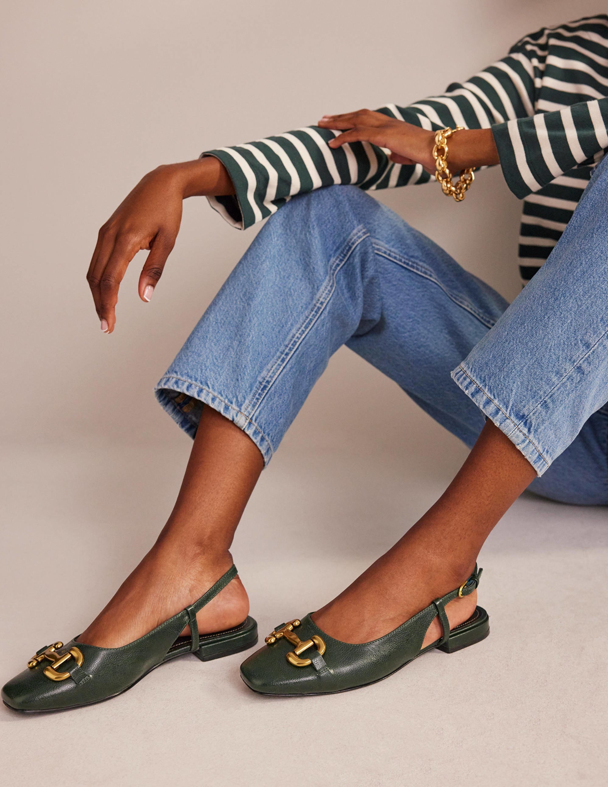 Iris Snaffle Slingback Flats-Winter Green Leather - Image 1
