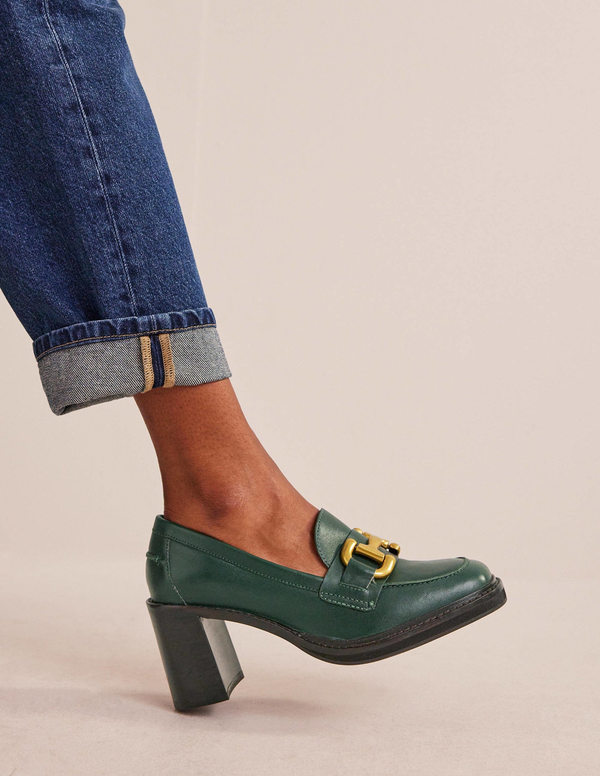 Iris Snaffle Heeled Loafers-Dark Green Leather-1