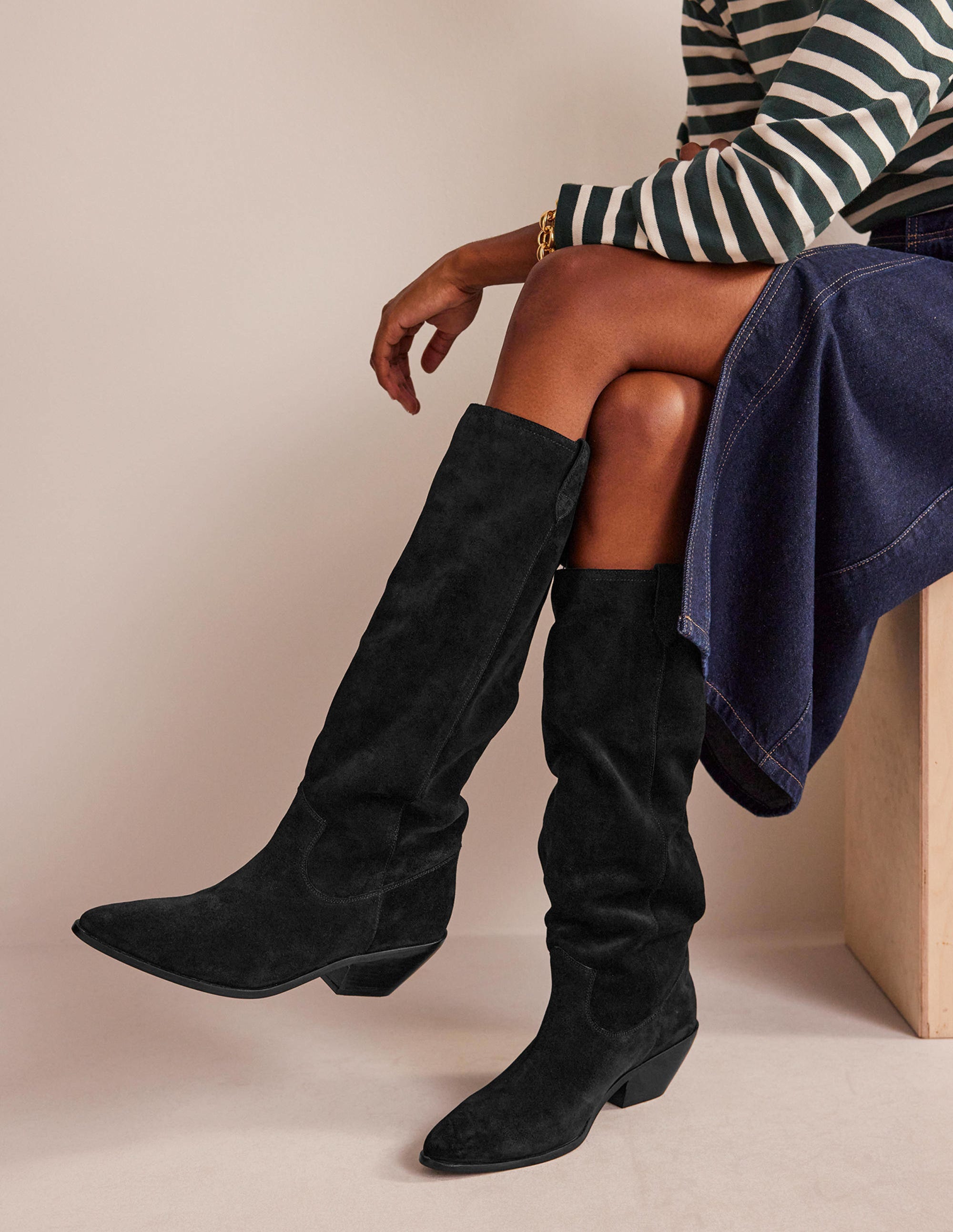 Western Knee High Boots-Black Suede - Image 1