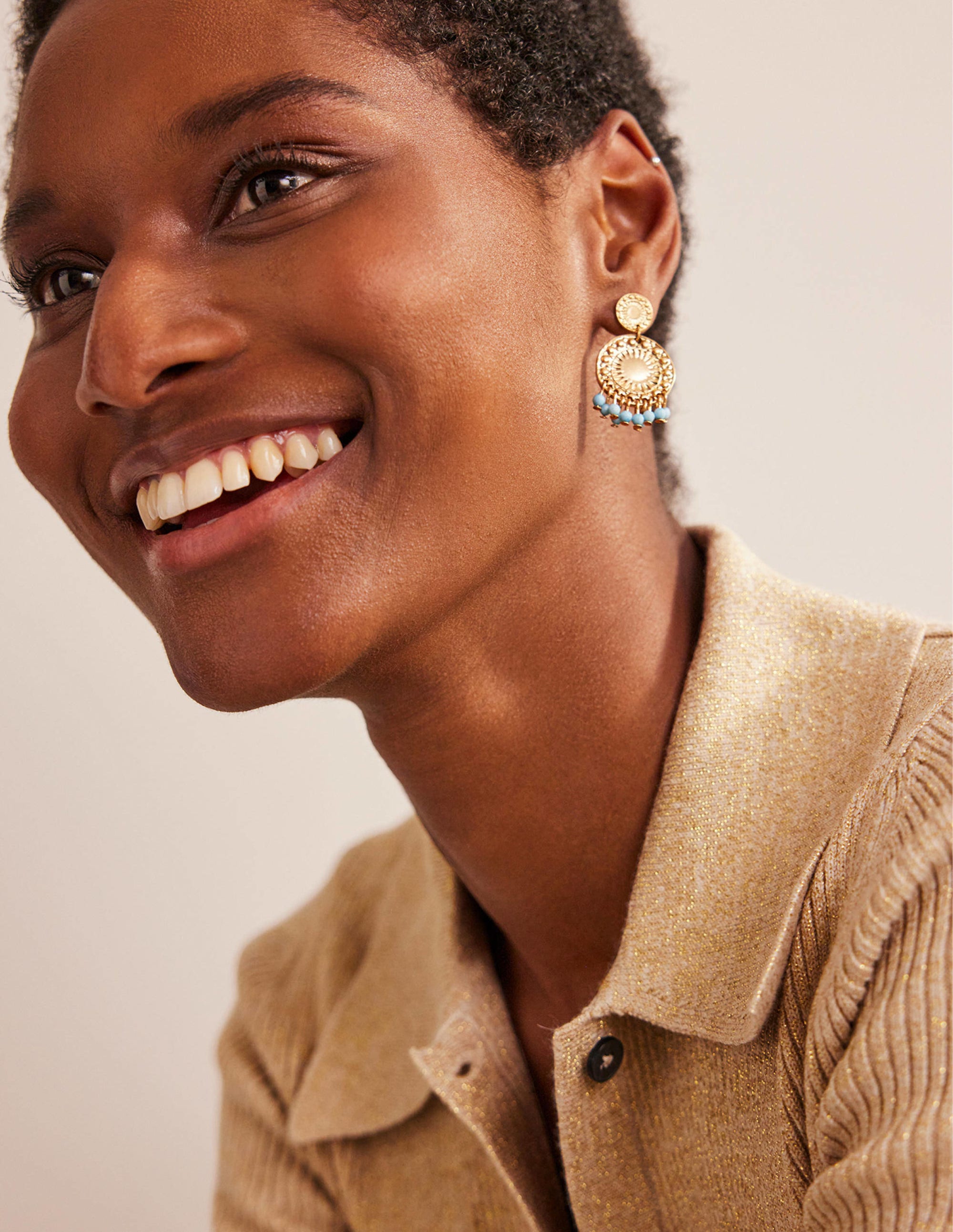 Beaded Coin Earrings-Blue - Image 1
