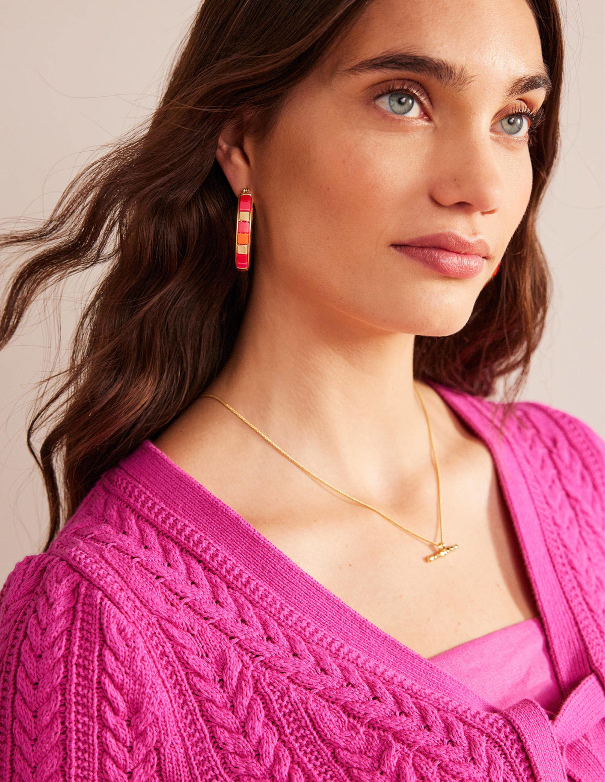 Beaded Hoop Earrings-Pink - Image 1