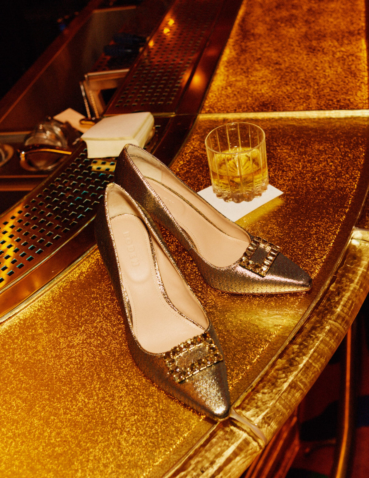 Jewelled Heeled Court Shoes-Gold Metallic - Image 5