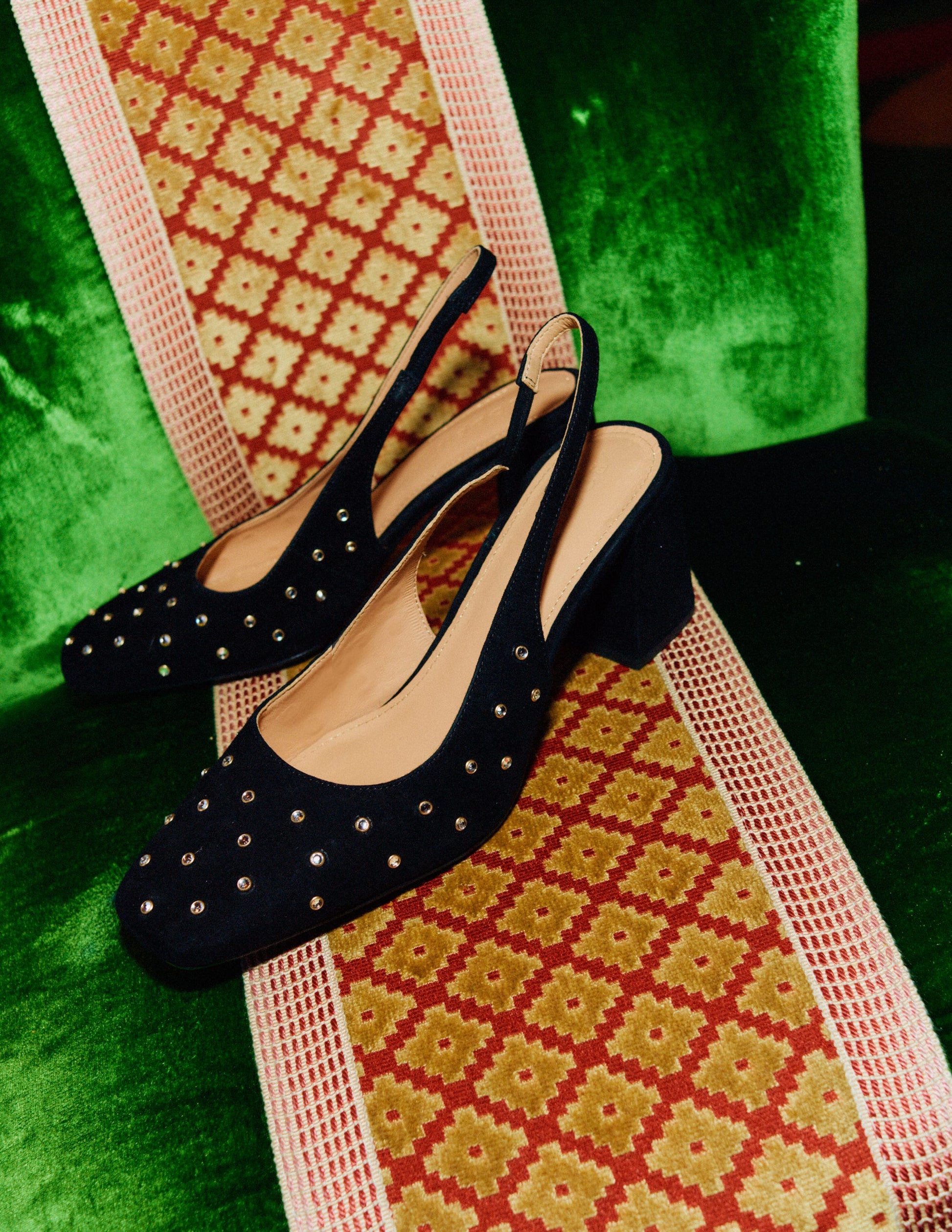 Slingback Mid-Heel Pumps-Black Suede, Crystals-5
