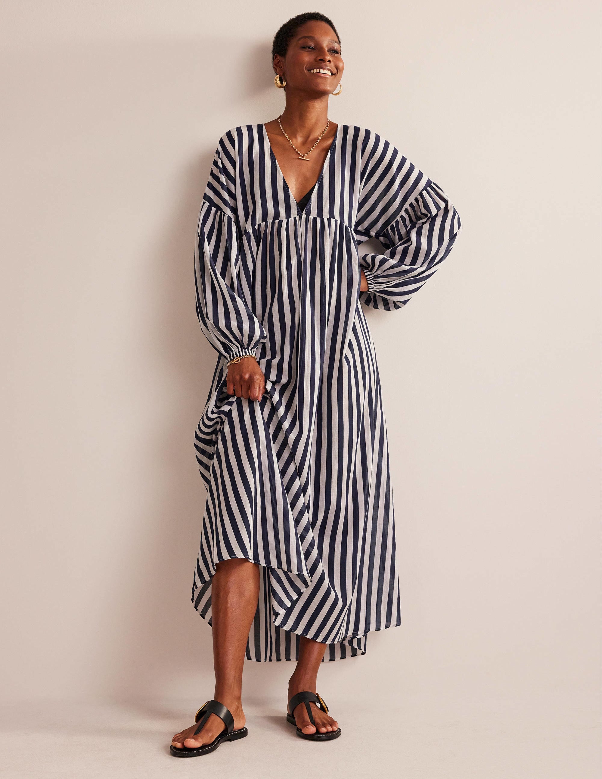 Sarah Maxi Kaftan Dress-Blue and Ivory Stripe - Image 1