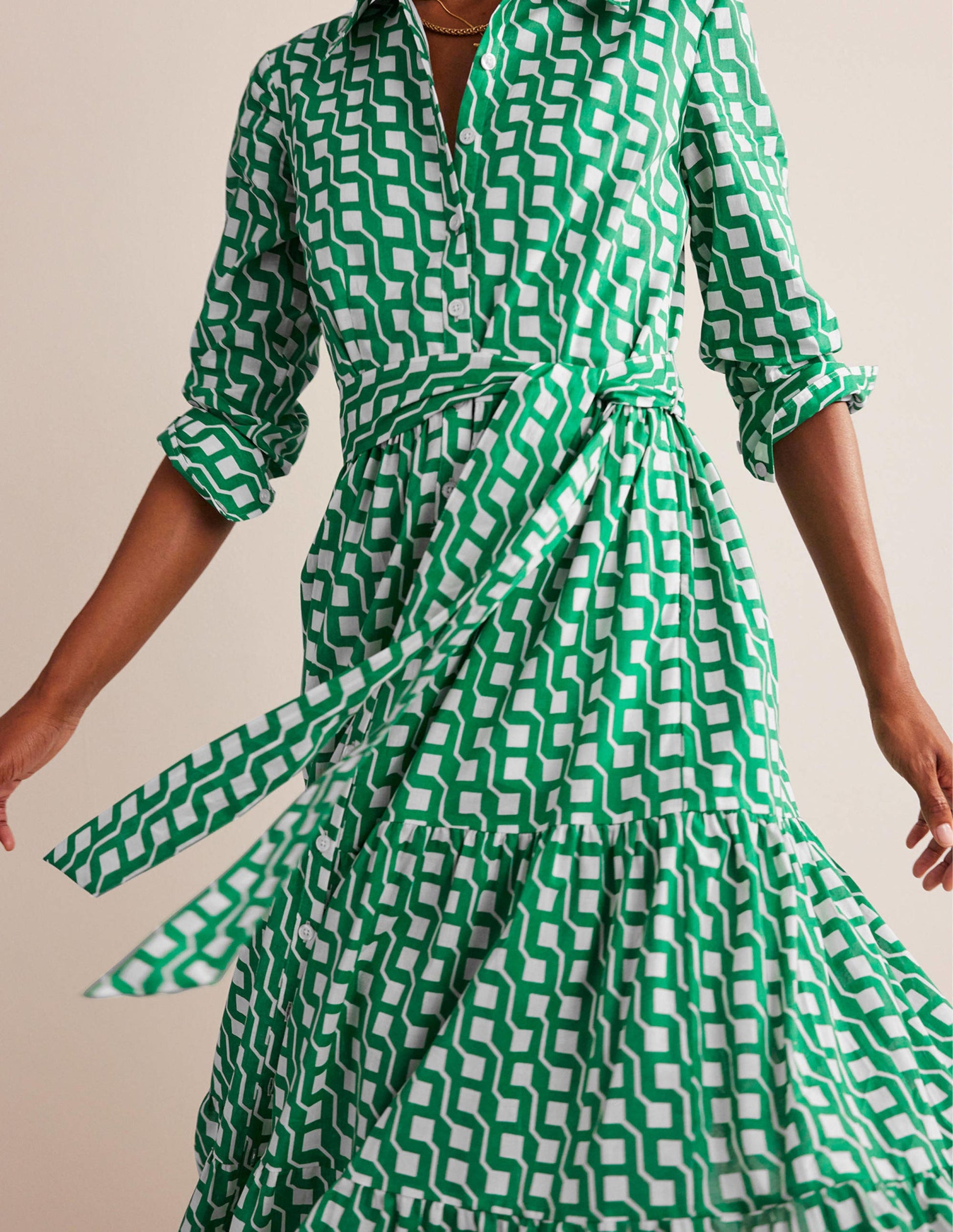 Flo Cotton Midi Shirt Dress-Bright Emerald, Cube Geo-2