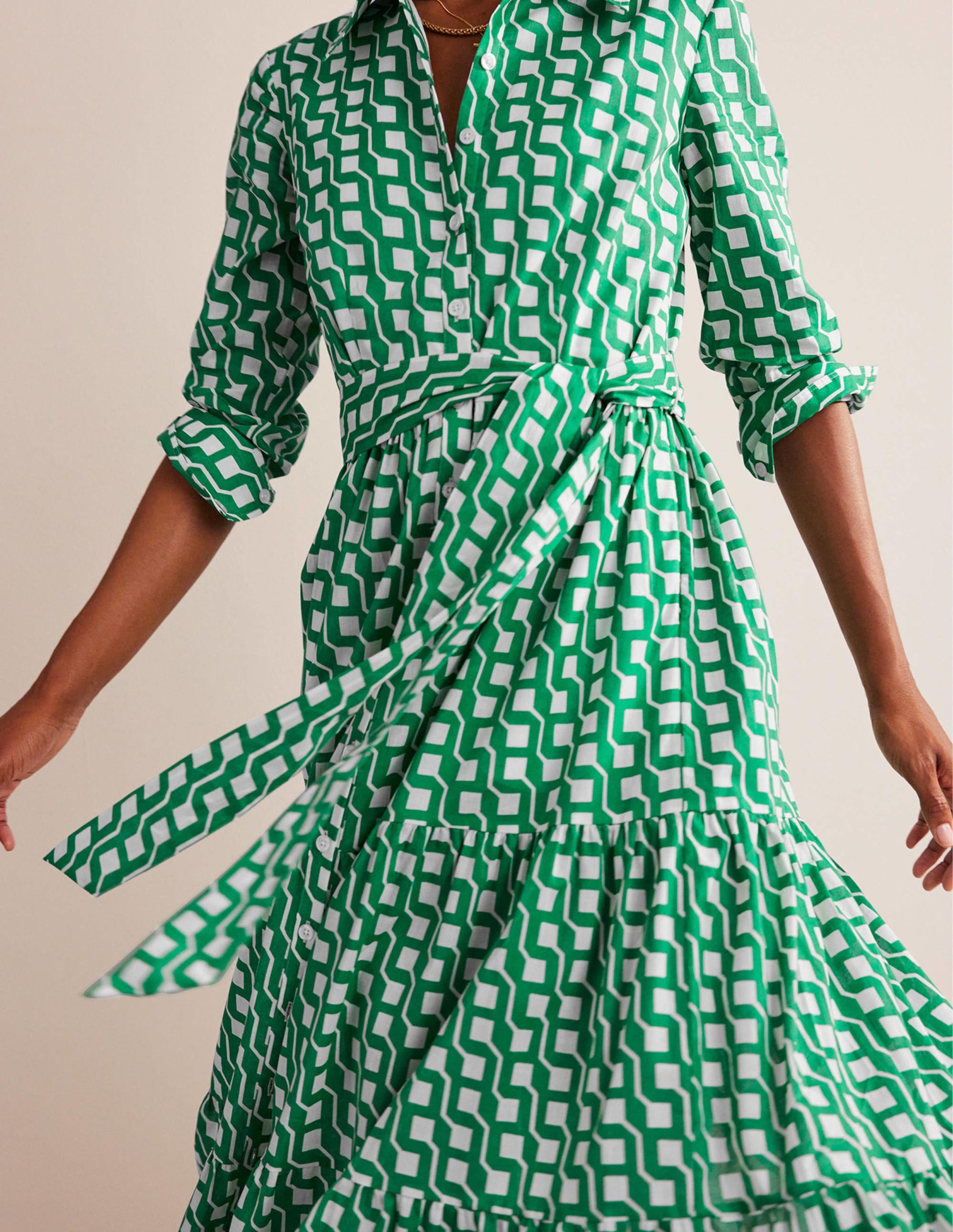 Flo Cotton Midi Shirt Dress-Bright Emerald, Cube Geo - Image 2