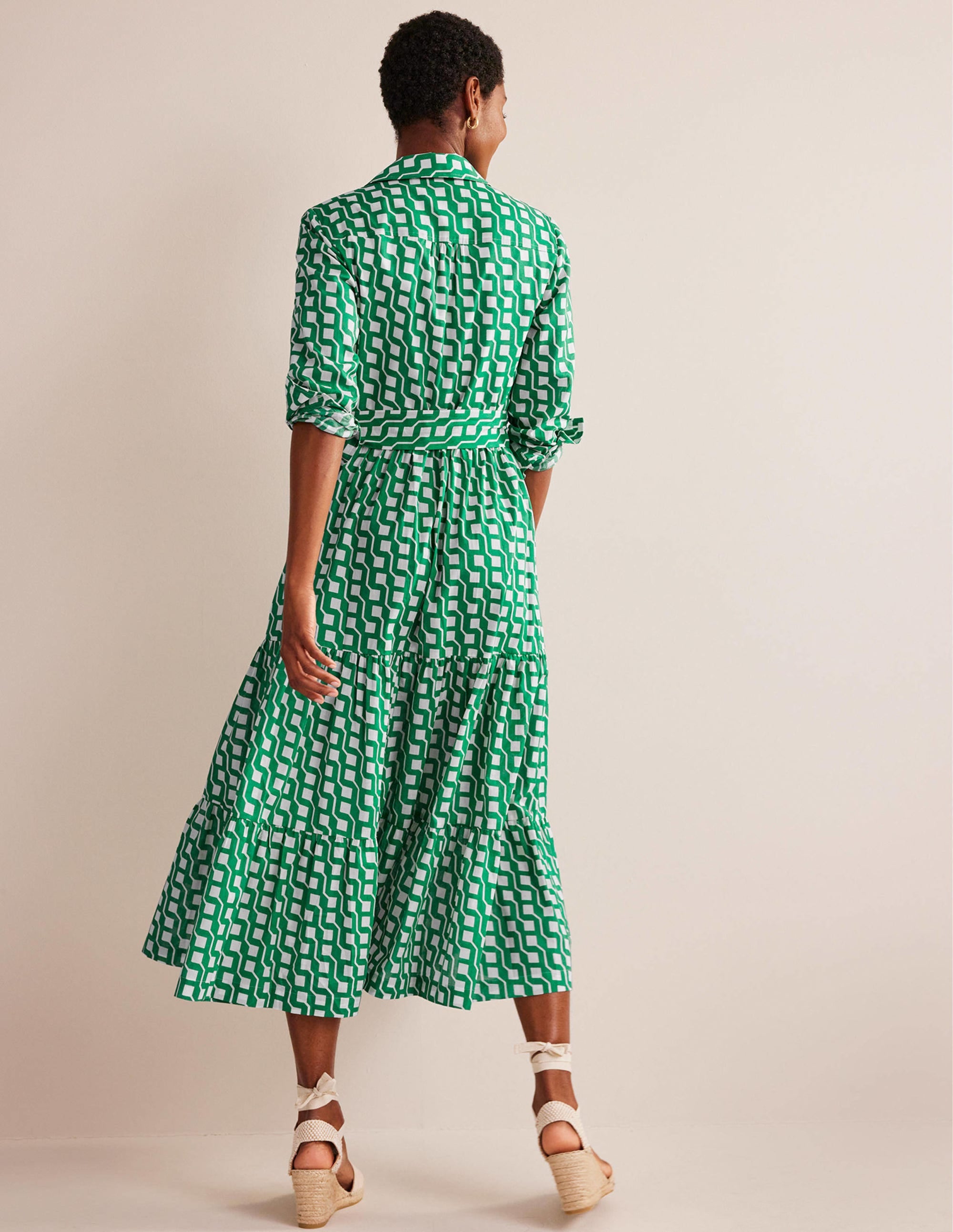 Flo Cotton Midi Shirt Dress-Bright Emerald, Cube Geo - Image 3