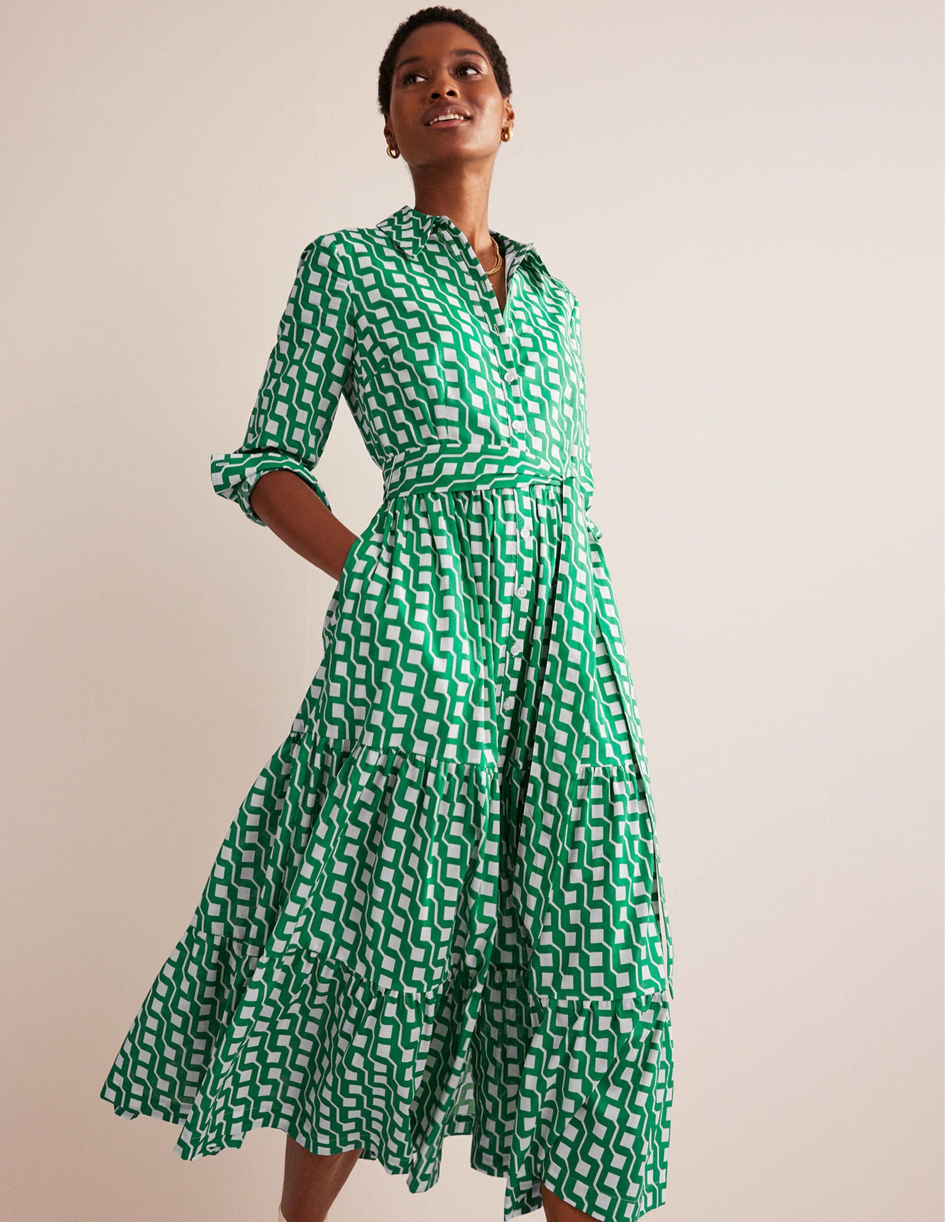 Flo Cotton Midi Shirt Dress-Bright Emerald, Cube Geo-4
