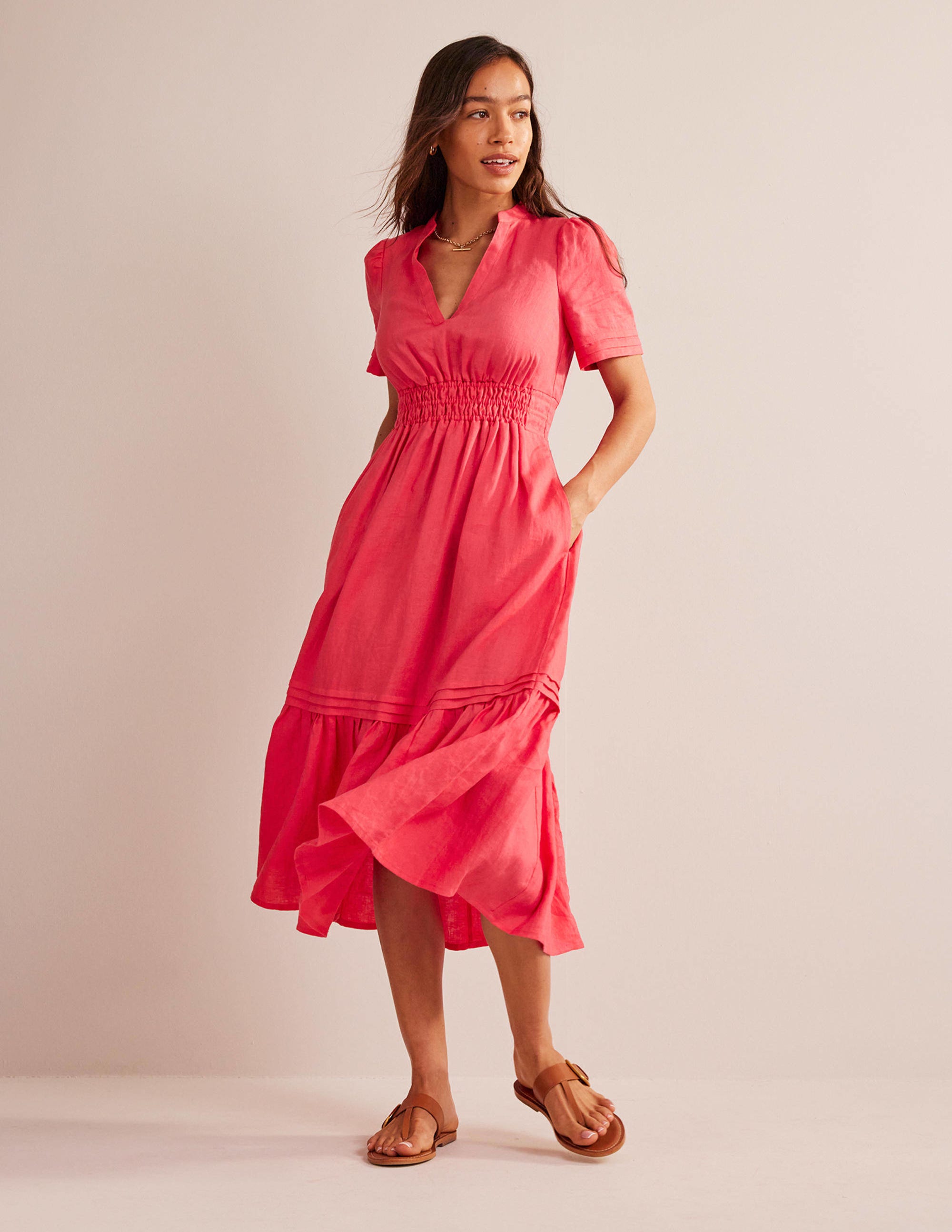 Pintuck Detail Midi Dress-Coral - Image 1