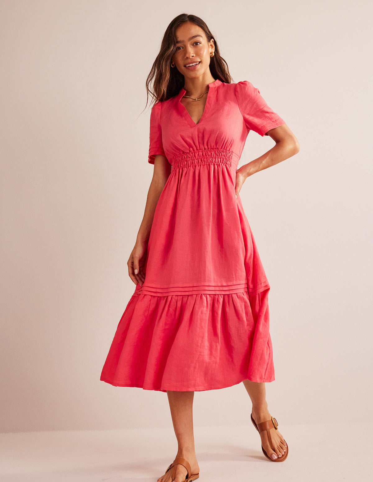 Pintuck Detail Midi Dress-Coral - Image 4