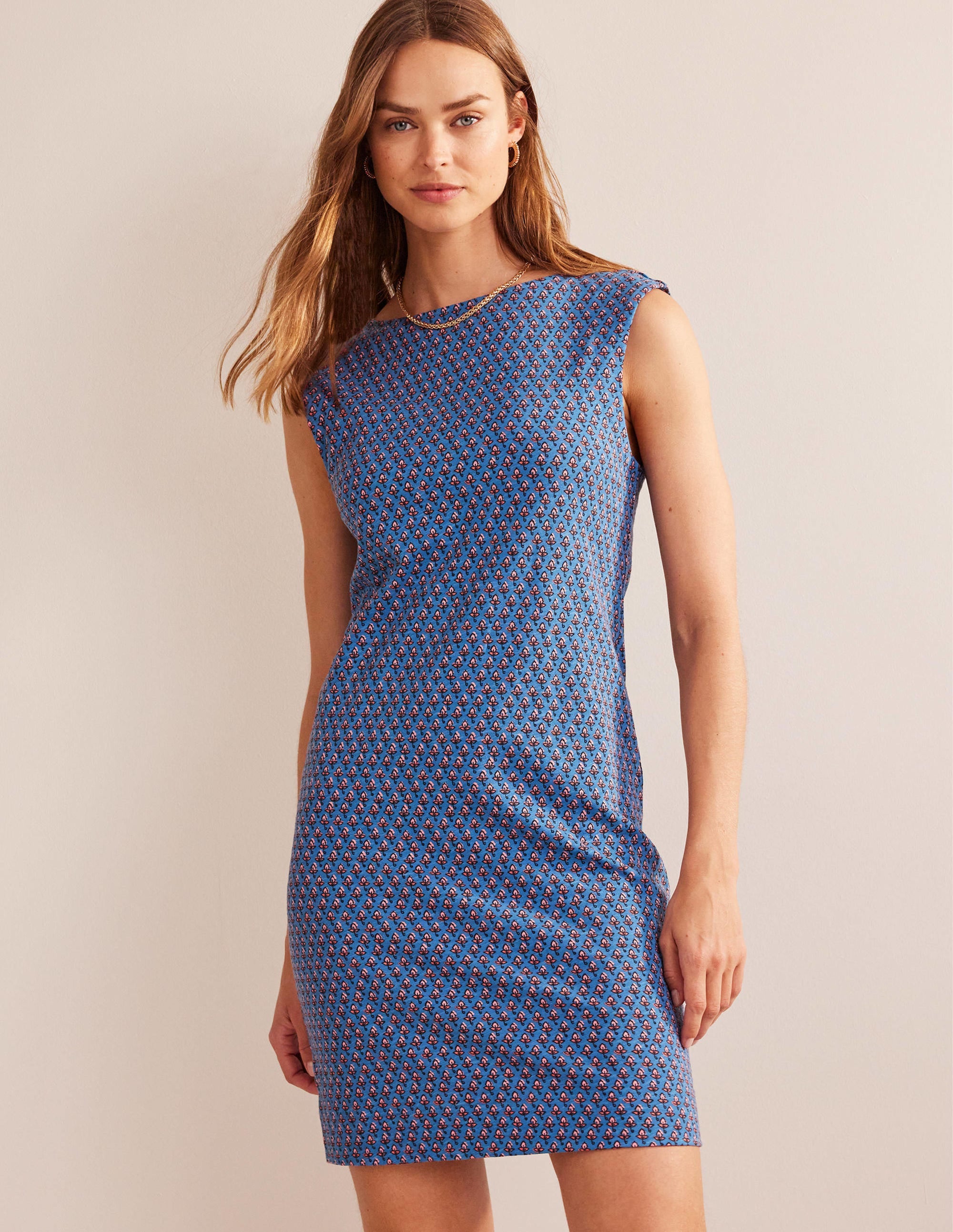 Sleeveless Jersey Shift Dress-Aegean Blue, Tulip Blush - Image 1