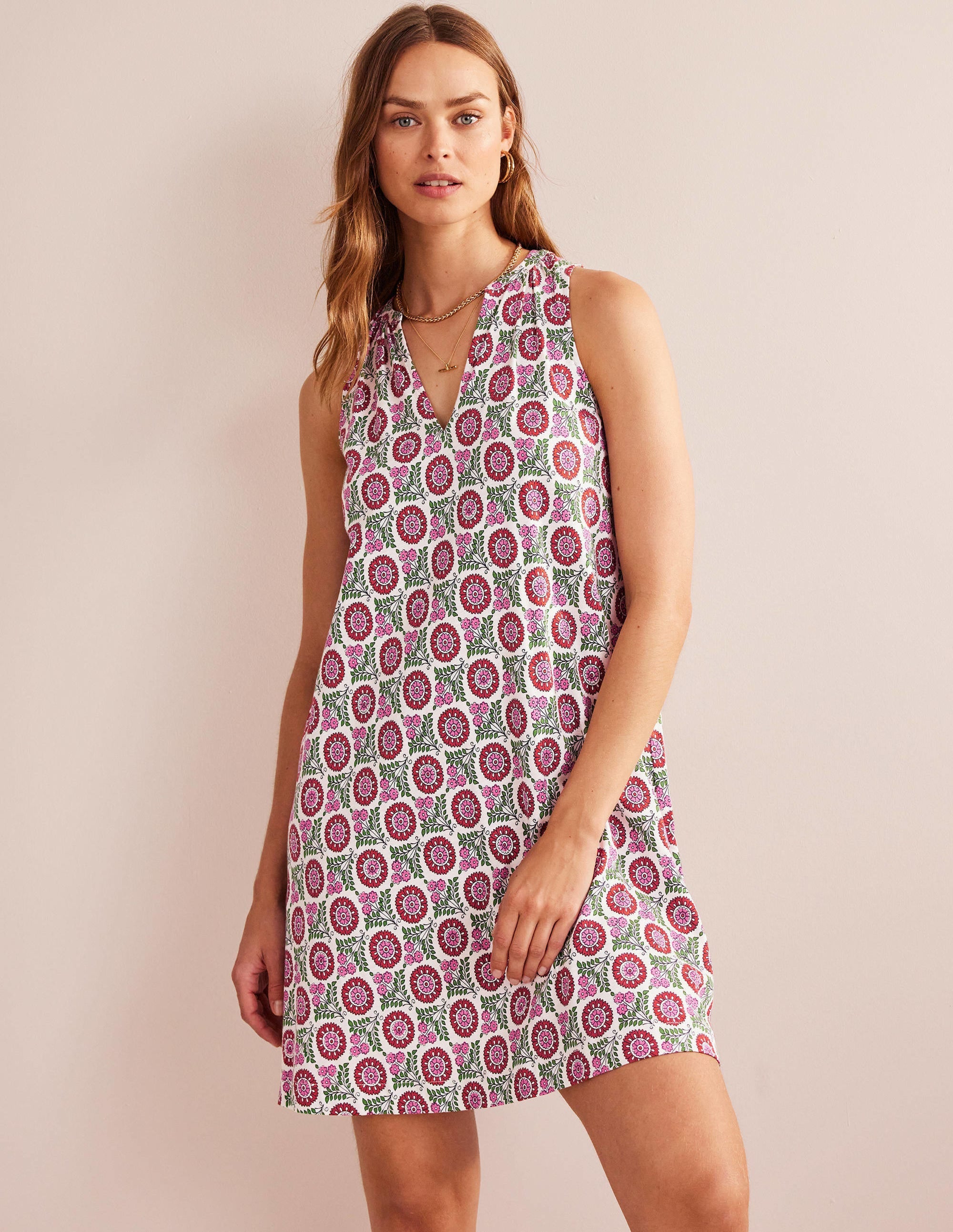 Notch-Neck Jersey Dress-Gin Fizz, Sunflower Sprig - Image 1