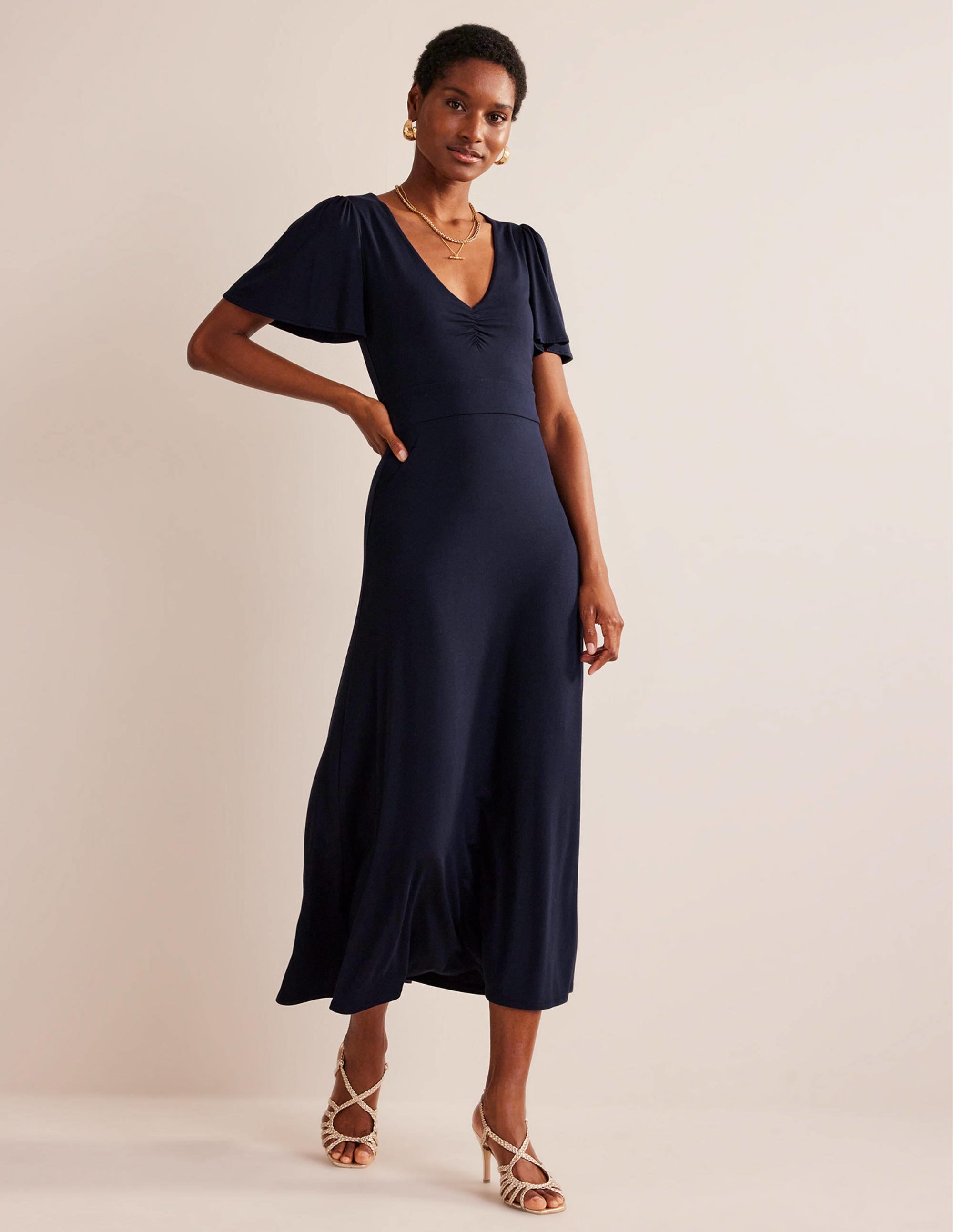 V-Neck Jersey Midi Dress-Navy - Image 1