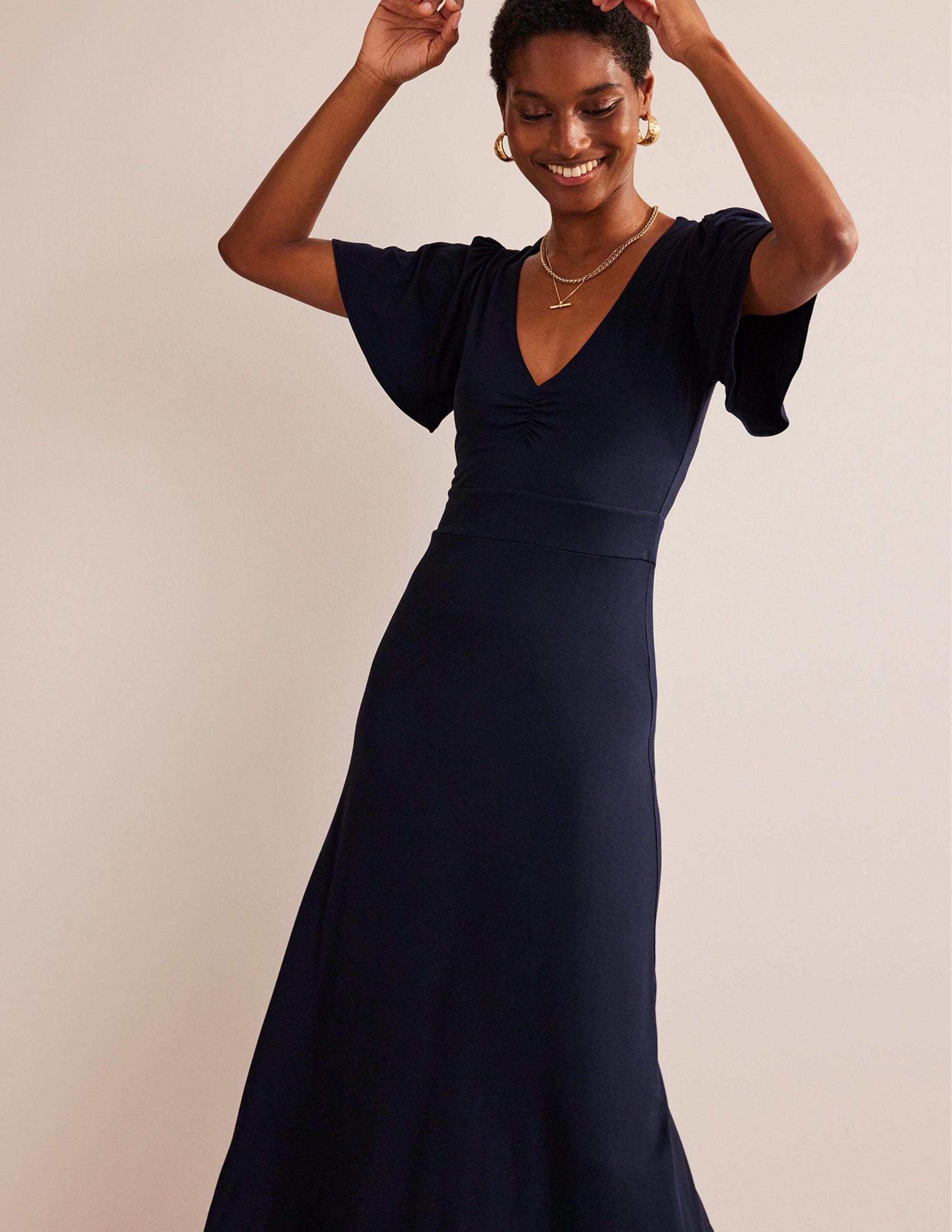V-Neck Jersey Midi Dress-Navy - Image 4