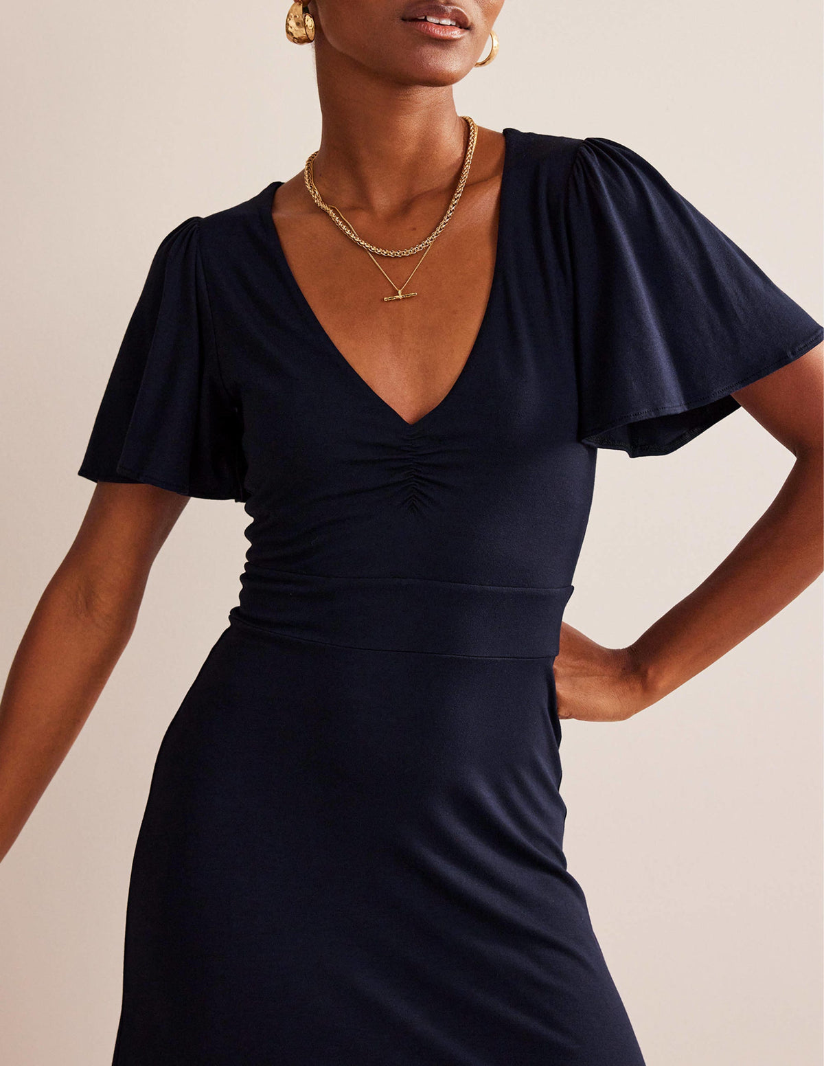 V-Neck Jersey Midi Dress-Navy - Image 5