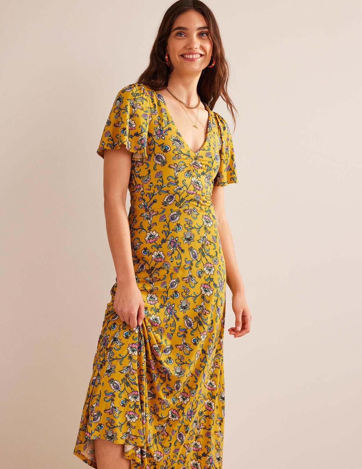 V-Neck Jersey Midi Dress-Mustard Seed, Meadow Fall - Image 1