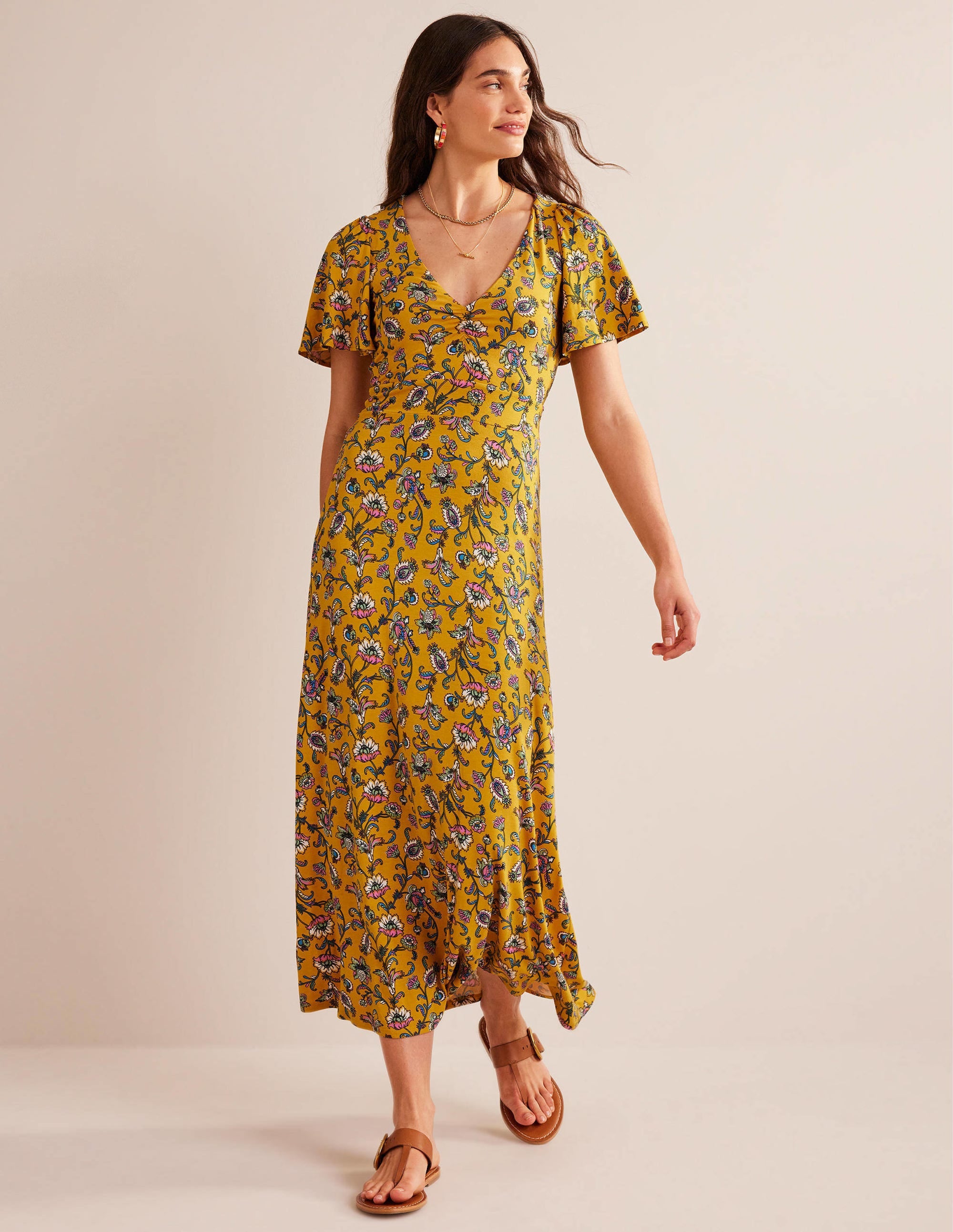 V-Neck Jersey Midi Dress-Mustard Seed, Meadow Fall - Image 2