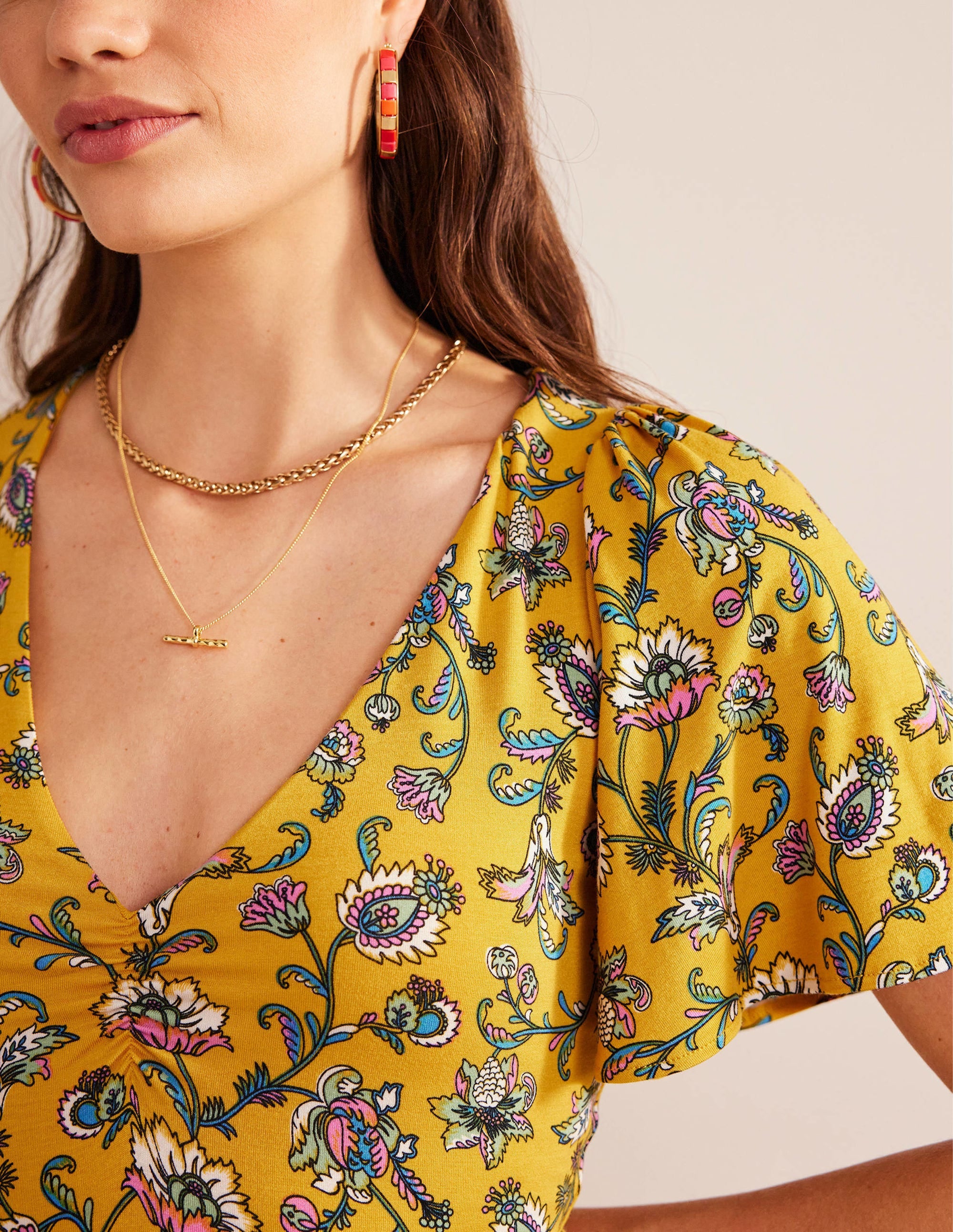 V-Neck Jersey Midi Dress-Mustard Seed, Meadow Fall - Image 3
