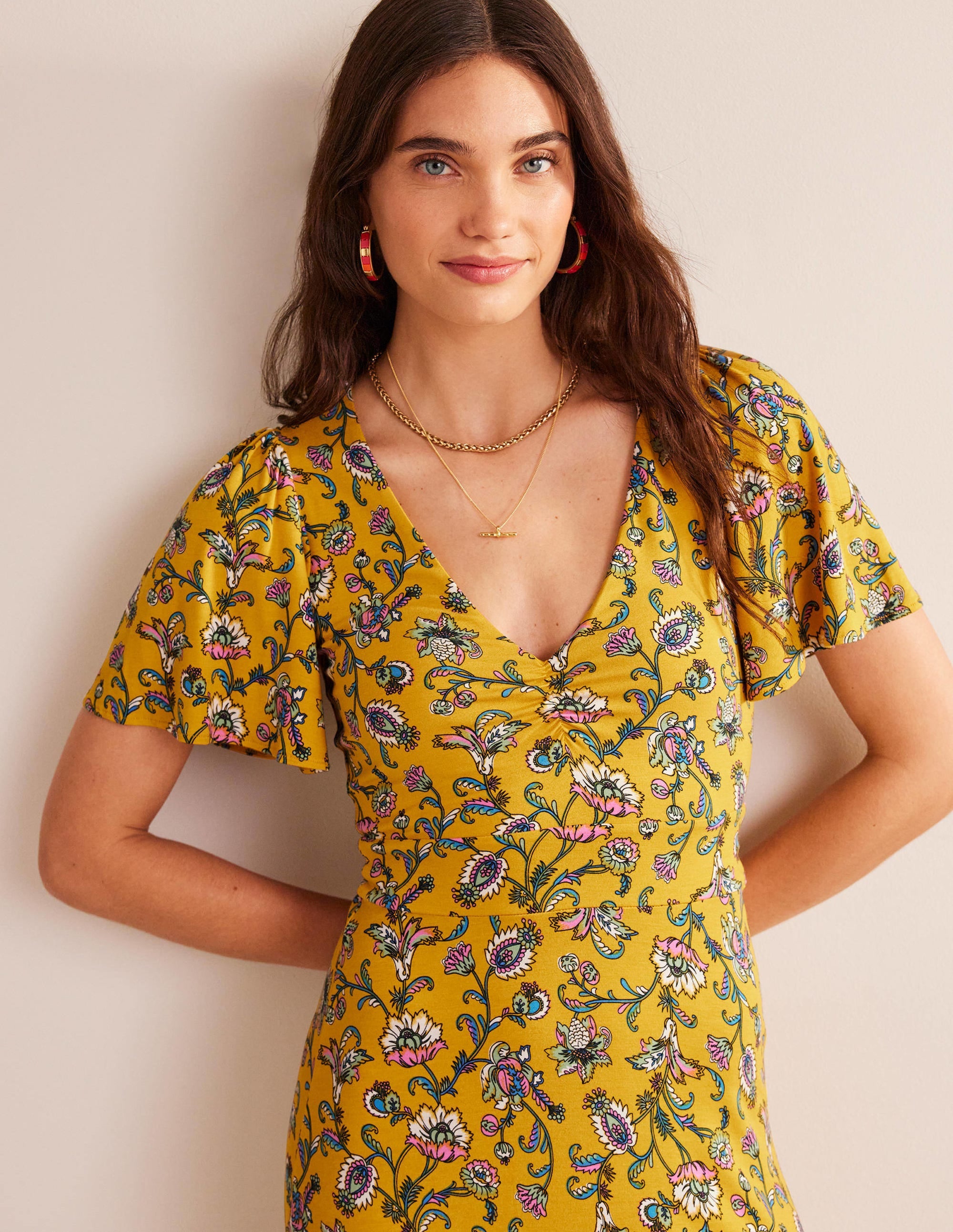 V-Neck Jersey Midi Dress-Mustard Seed, Meadow Fall - Image 5