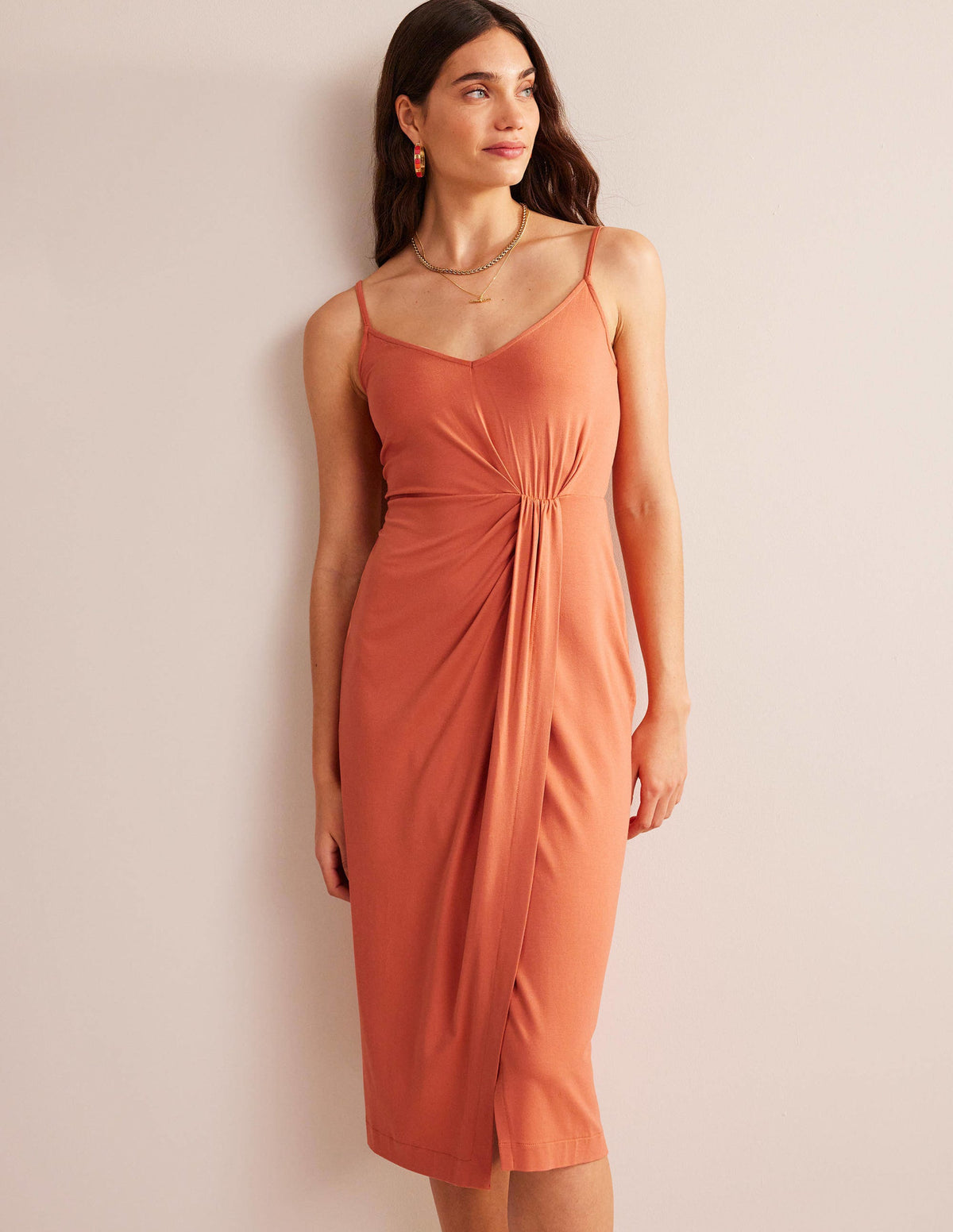 Gathered Jersey Midi Dress-Persimmon-4