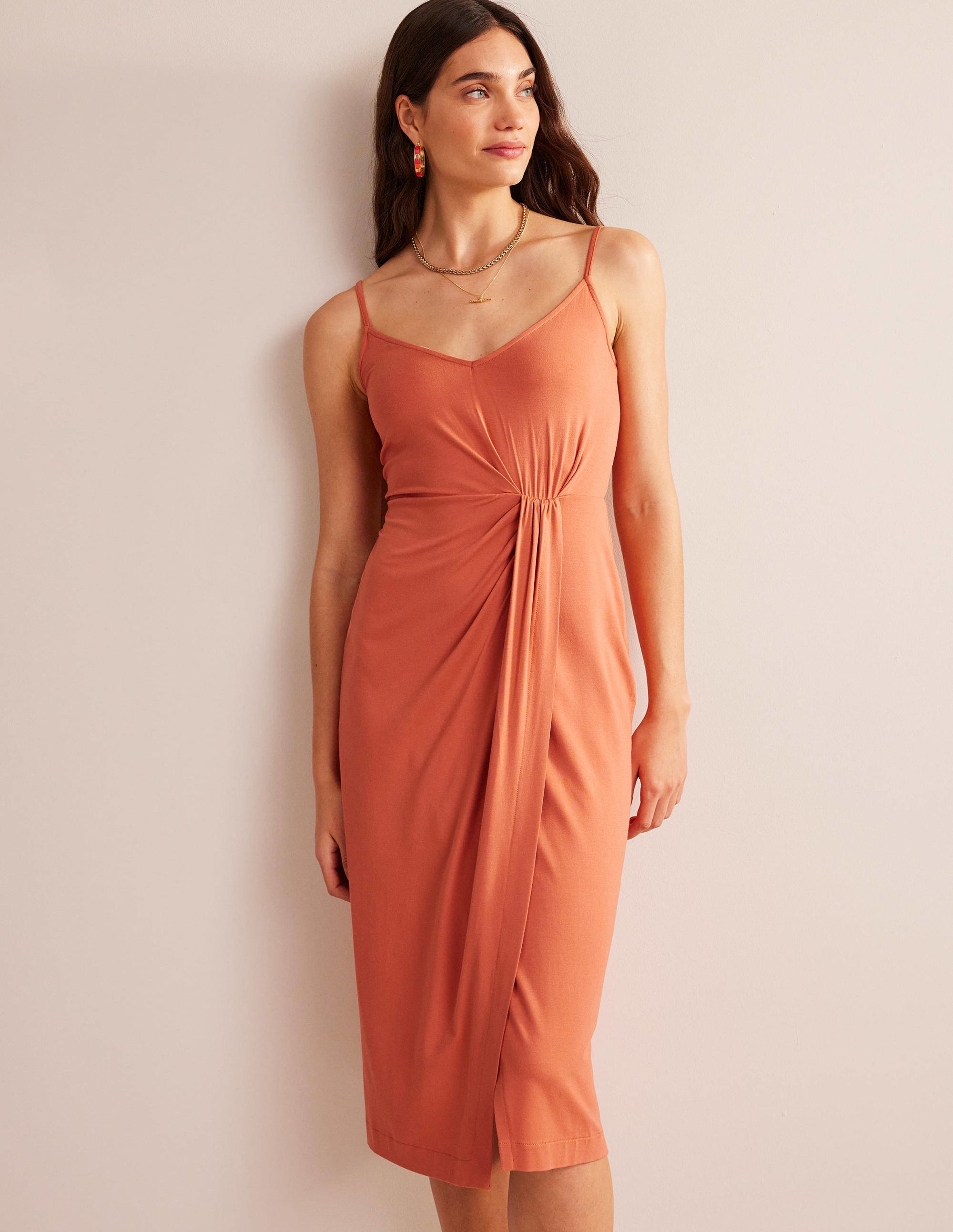 Gathered Jersey Midi Dress-Persimmon - Image 4