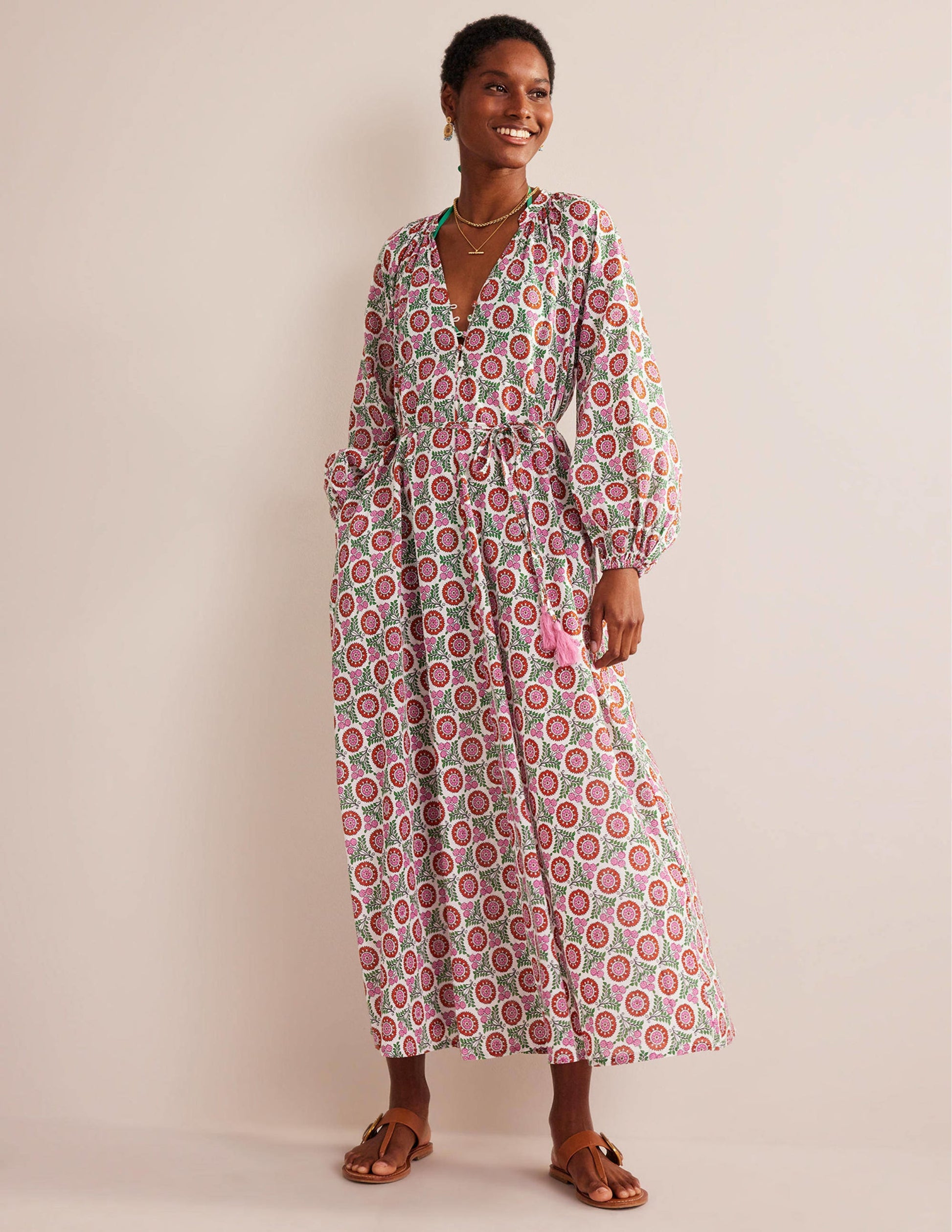 Notch-Neck Cotton Maxi Dress-Gin Fizz, Sunflower Sprig-1