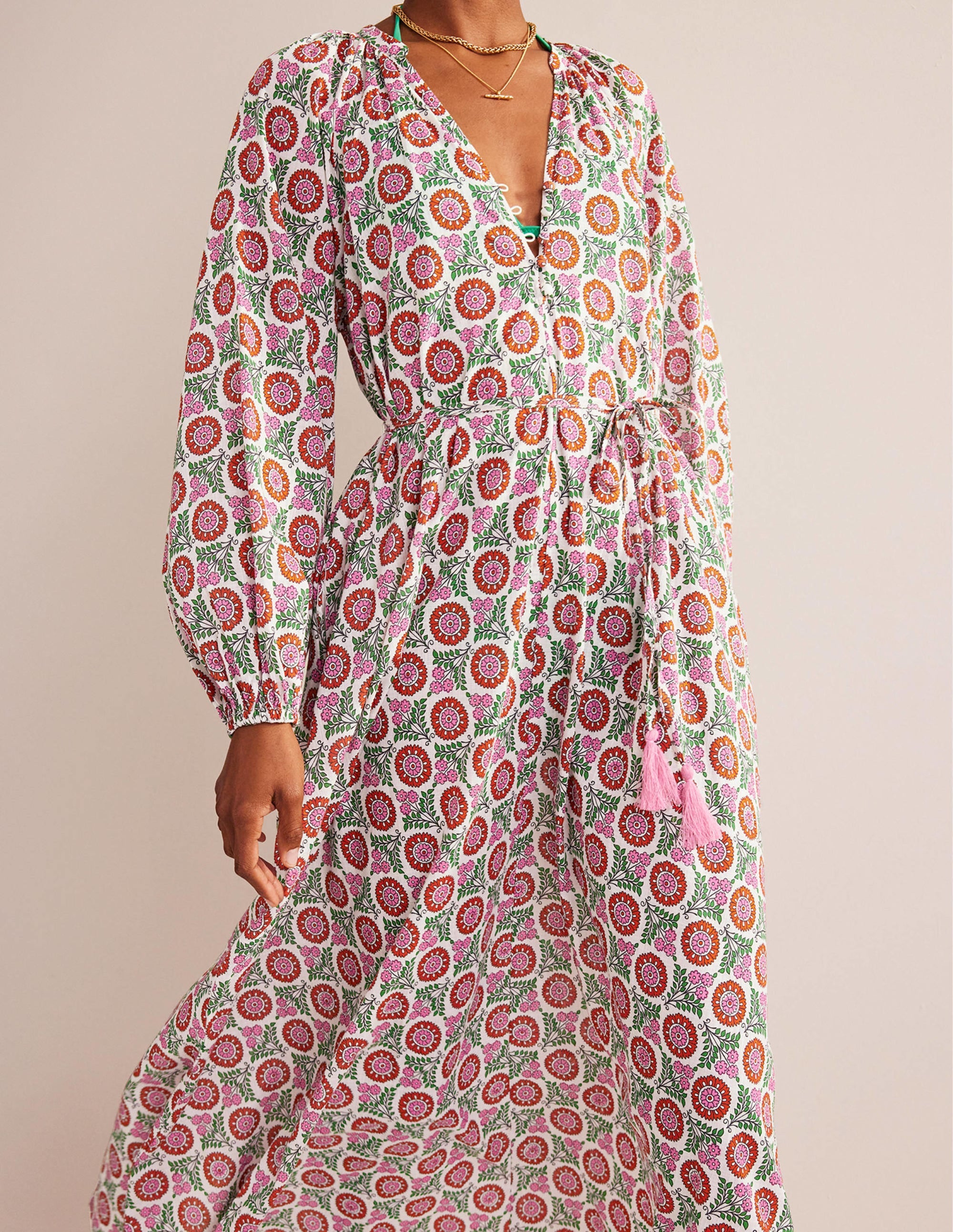 Notch-Neck Cotton Maxi Dress-Gin Fizz, Sunflower Sprig - Image 4