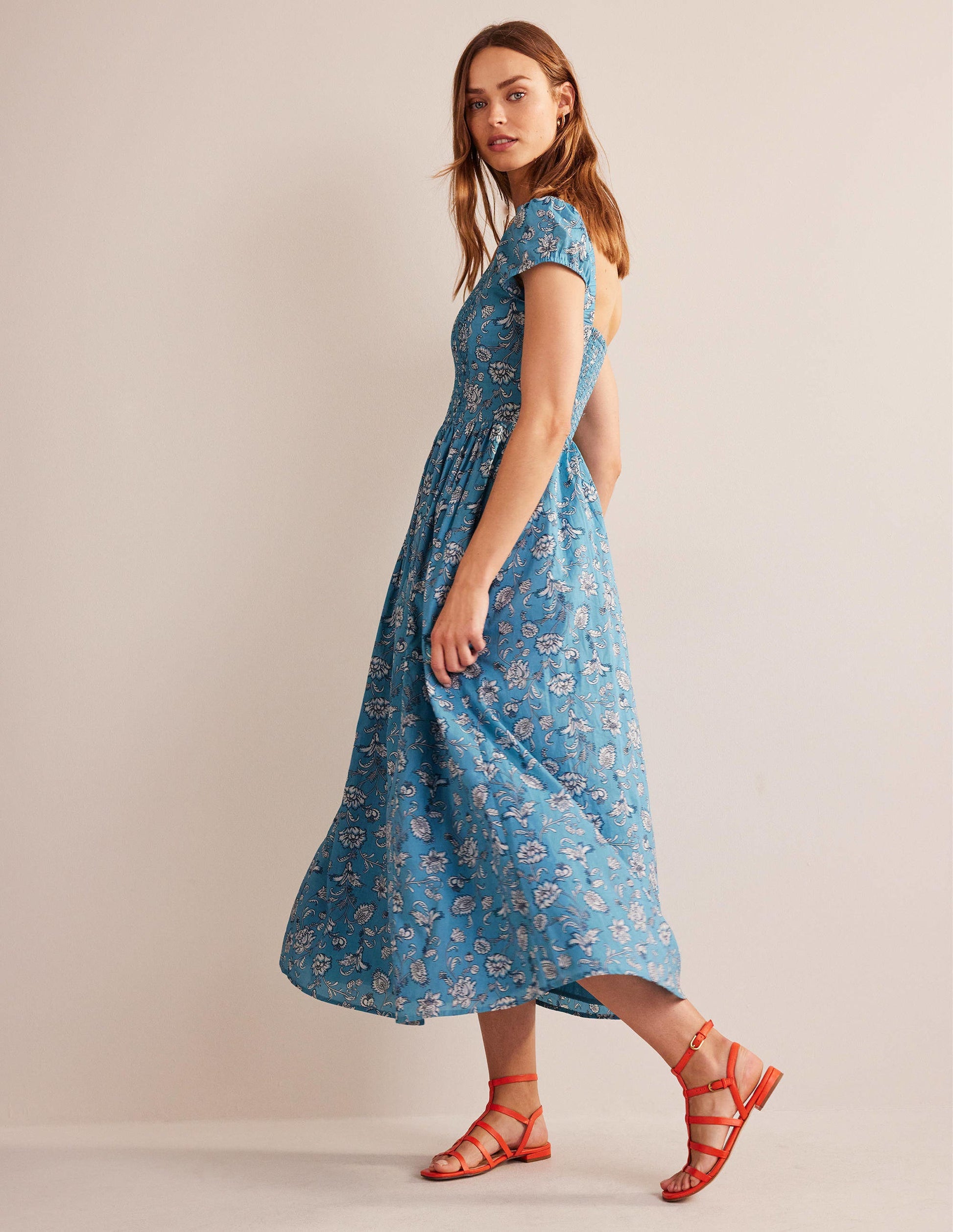 Scoop-Neck Smocked Midi Dress-Delphinium Blue, Meadow Fall-3