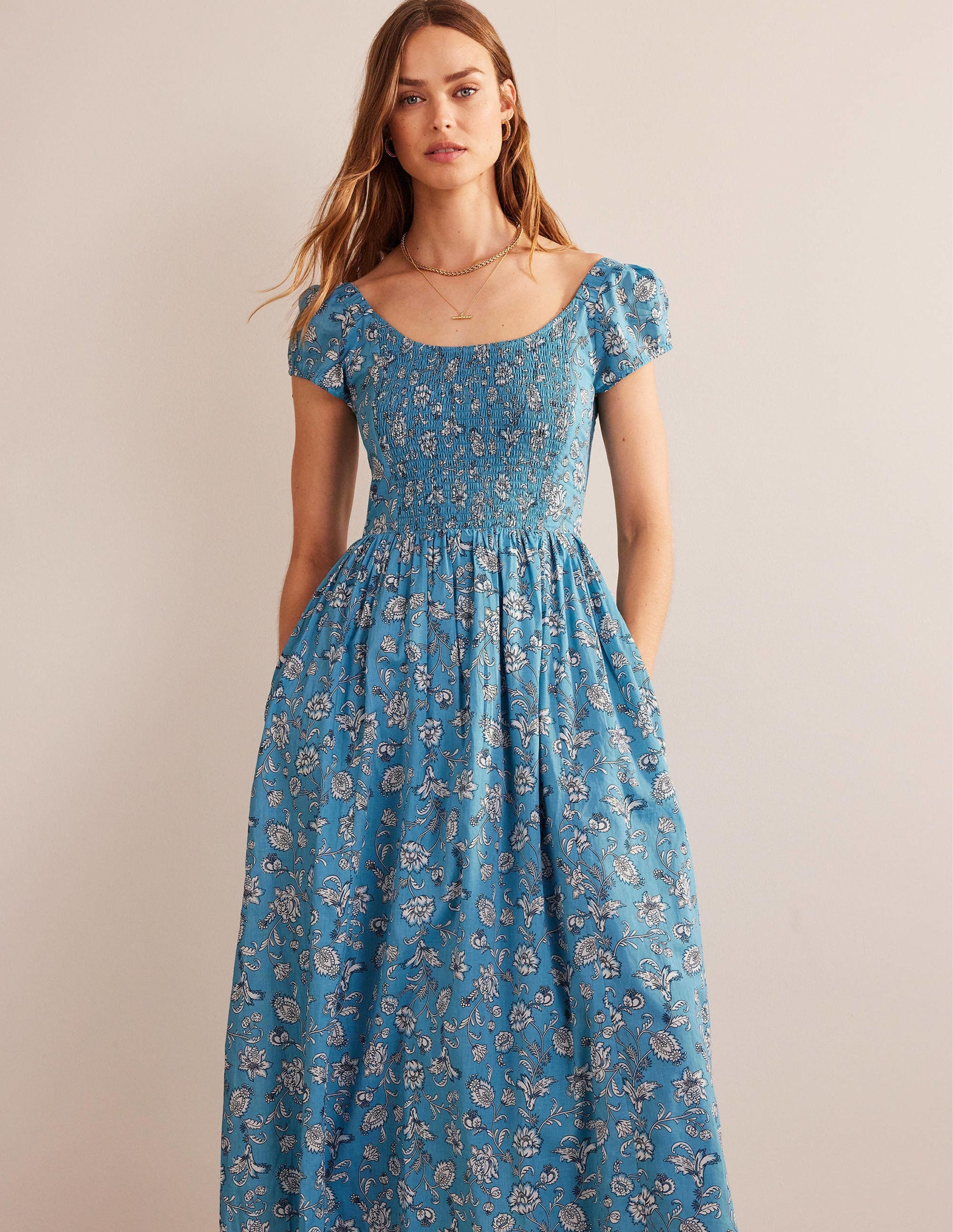 Scoop-Neck Smocked Midi Dress-Delphinium Blue, Meadow Fall-4