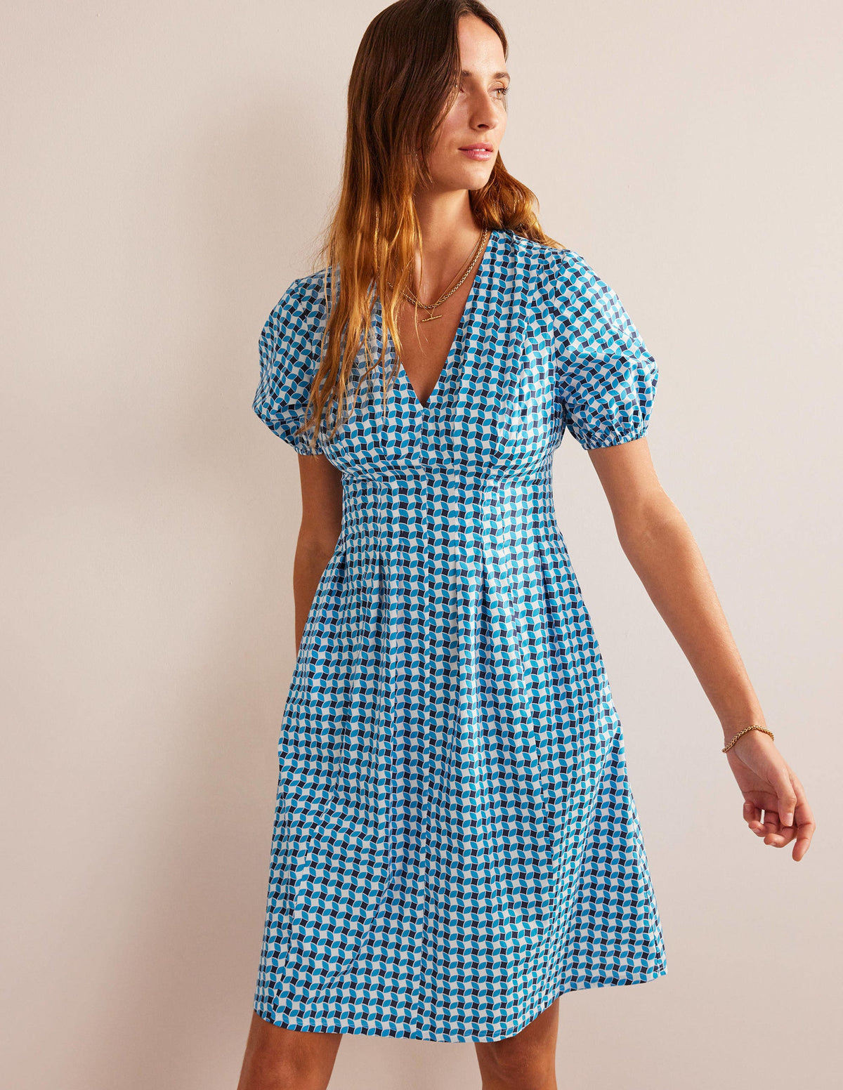 V-Neck Dart Detail Dress-Fluro Blue, Abstract Diamond-1