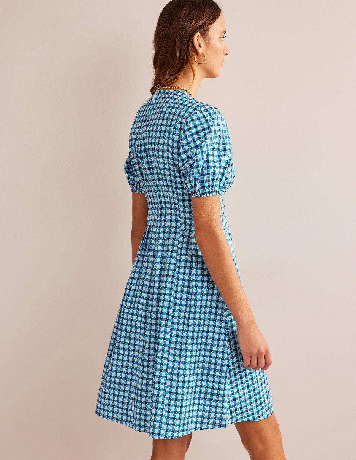 V-Neck Dart Detail Dress-Fluro Blue, Abstract Diamond-3