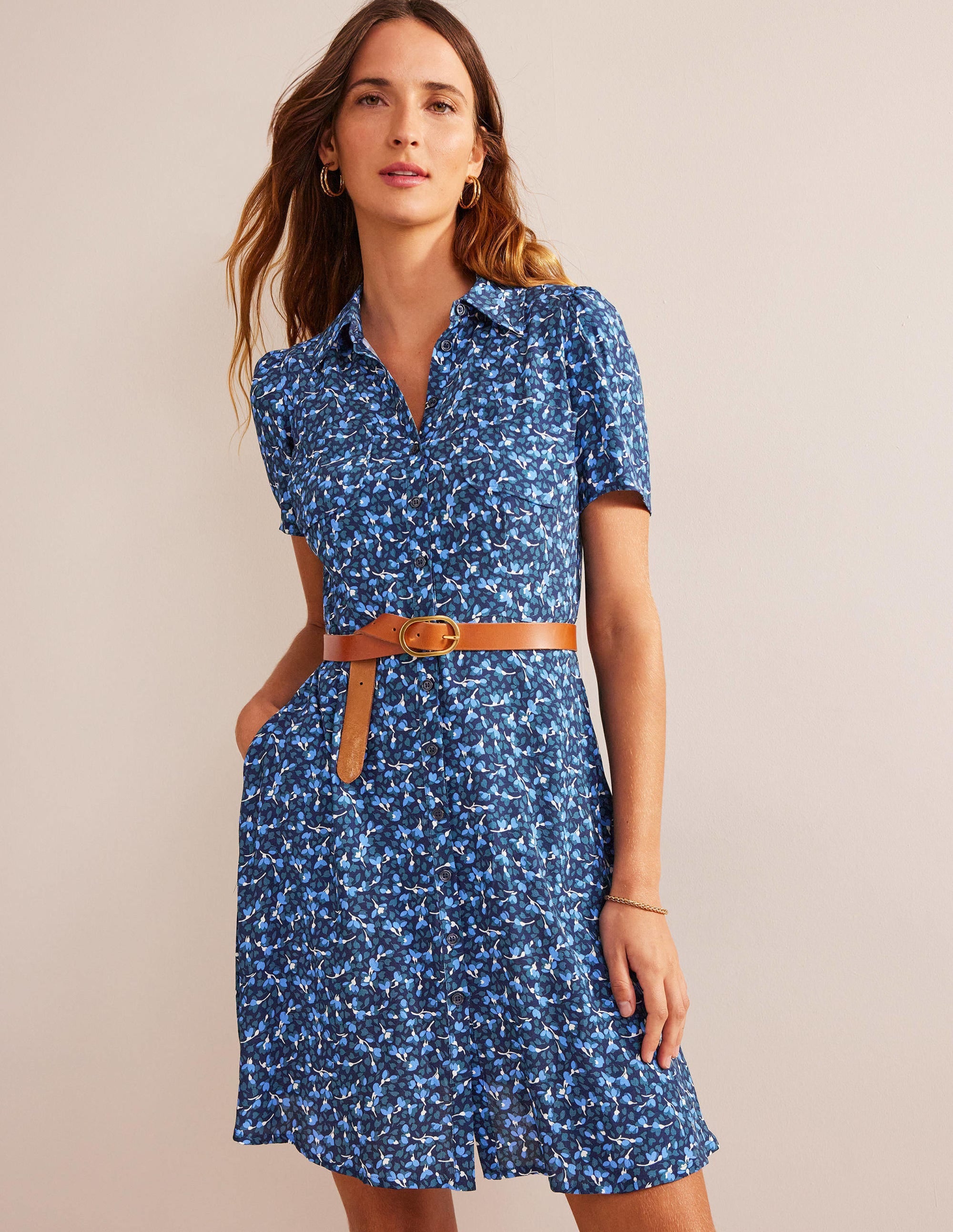 Clara Shirt Dress-French Navy, Flora - Image 1