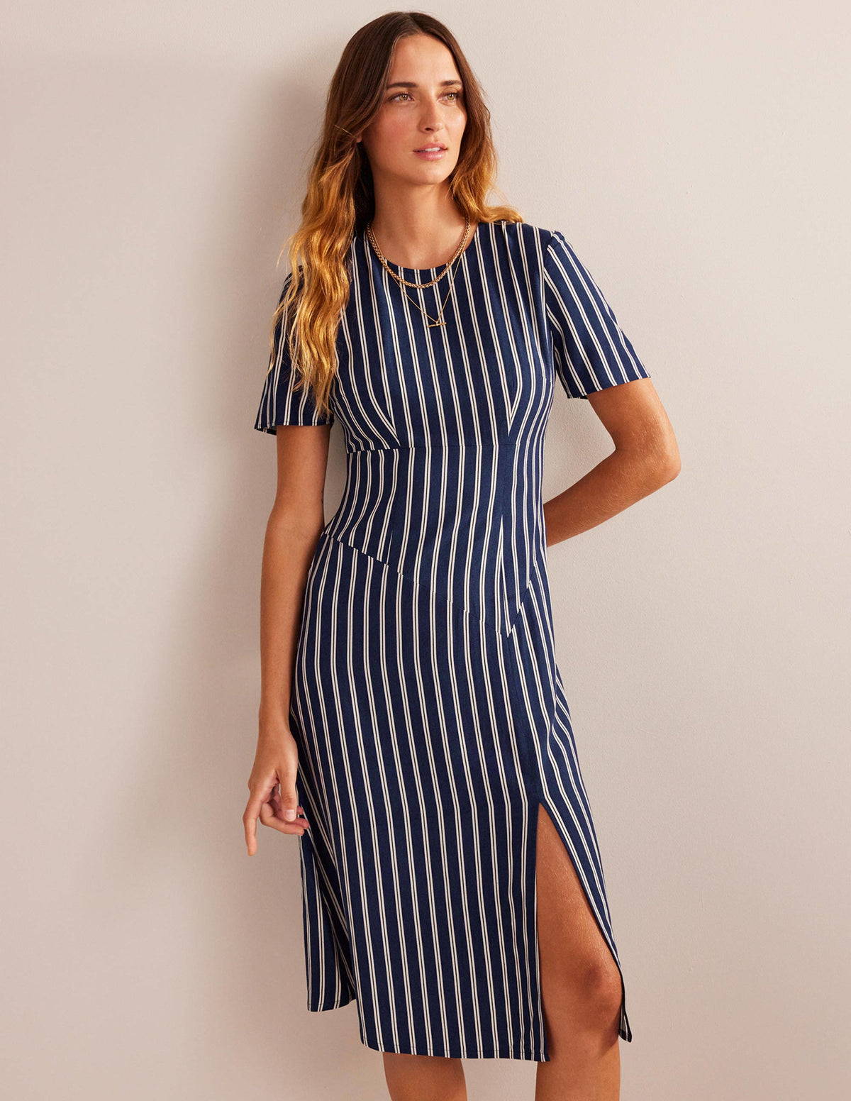 Striped Asymmetric Midi Dress-Navy and Ivory Vertical Stripe-1