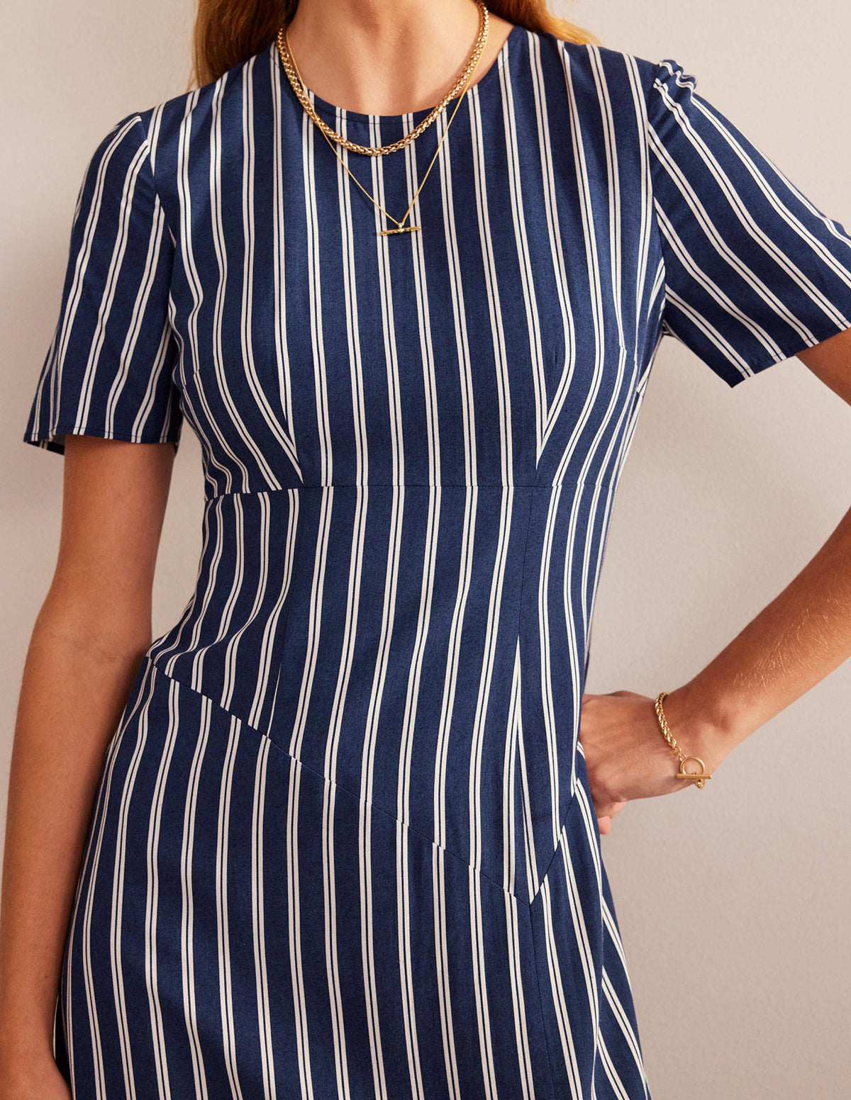 Striped Asymmetric Midi Dress-Navy and Ivory Vertical Stripe - Image 2