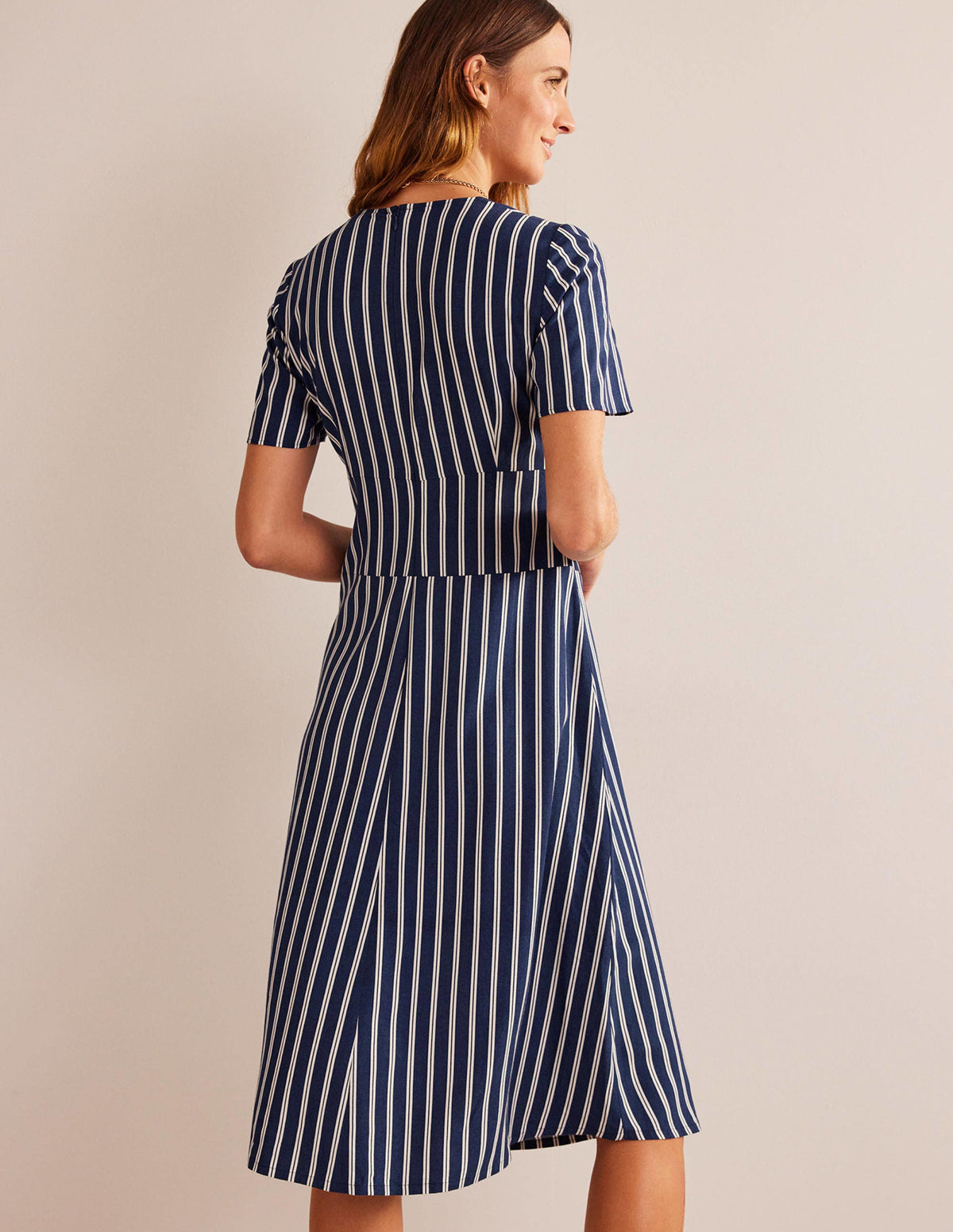 Striped Asymmetric Midi Dress-Navy and Ivory Vertical Stripe-3