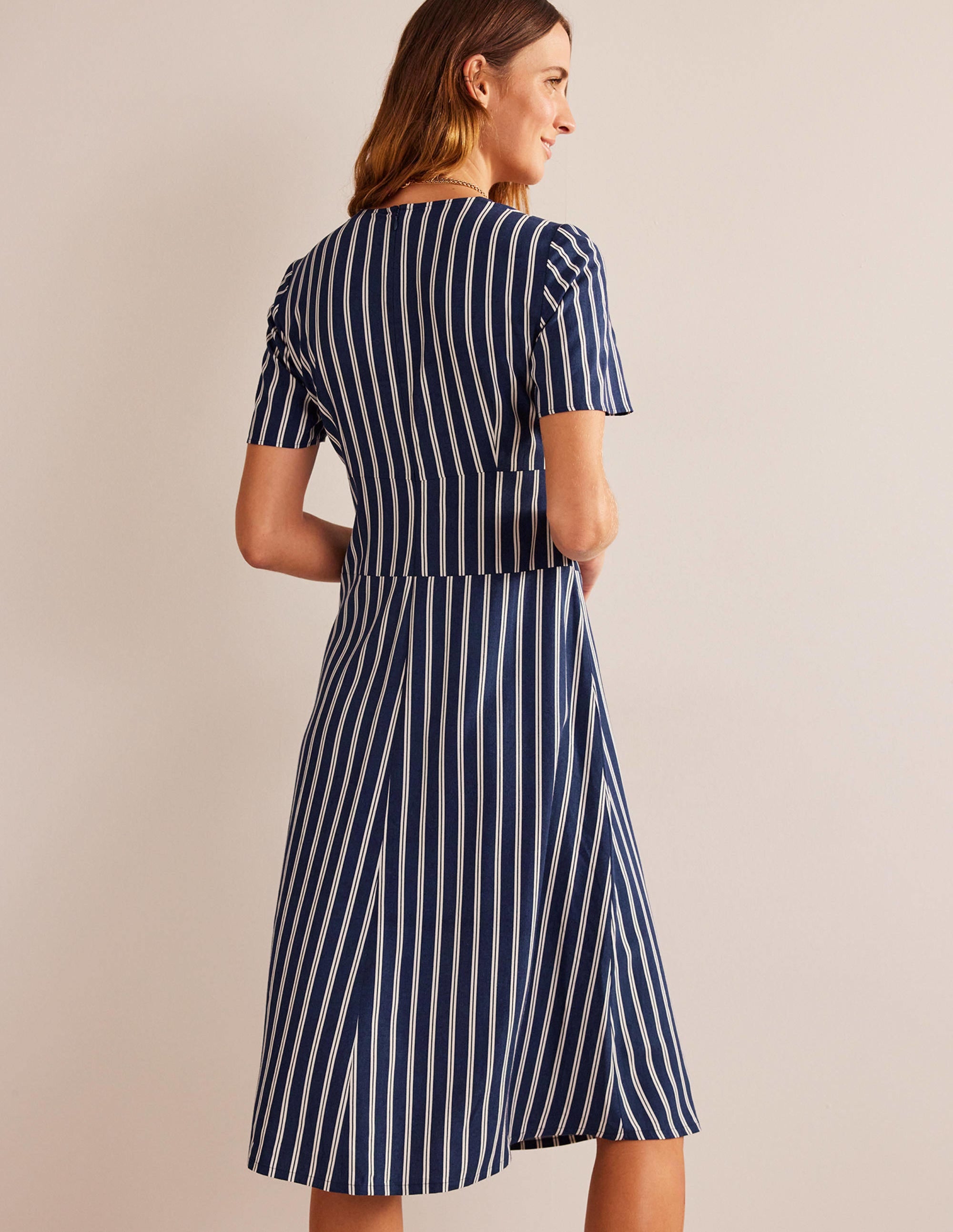 Striped Asymmetric Midi Dress-Navy and Ivory Vertical Stripe - Image 3