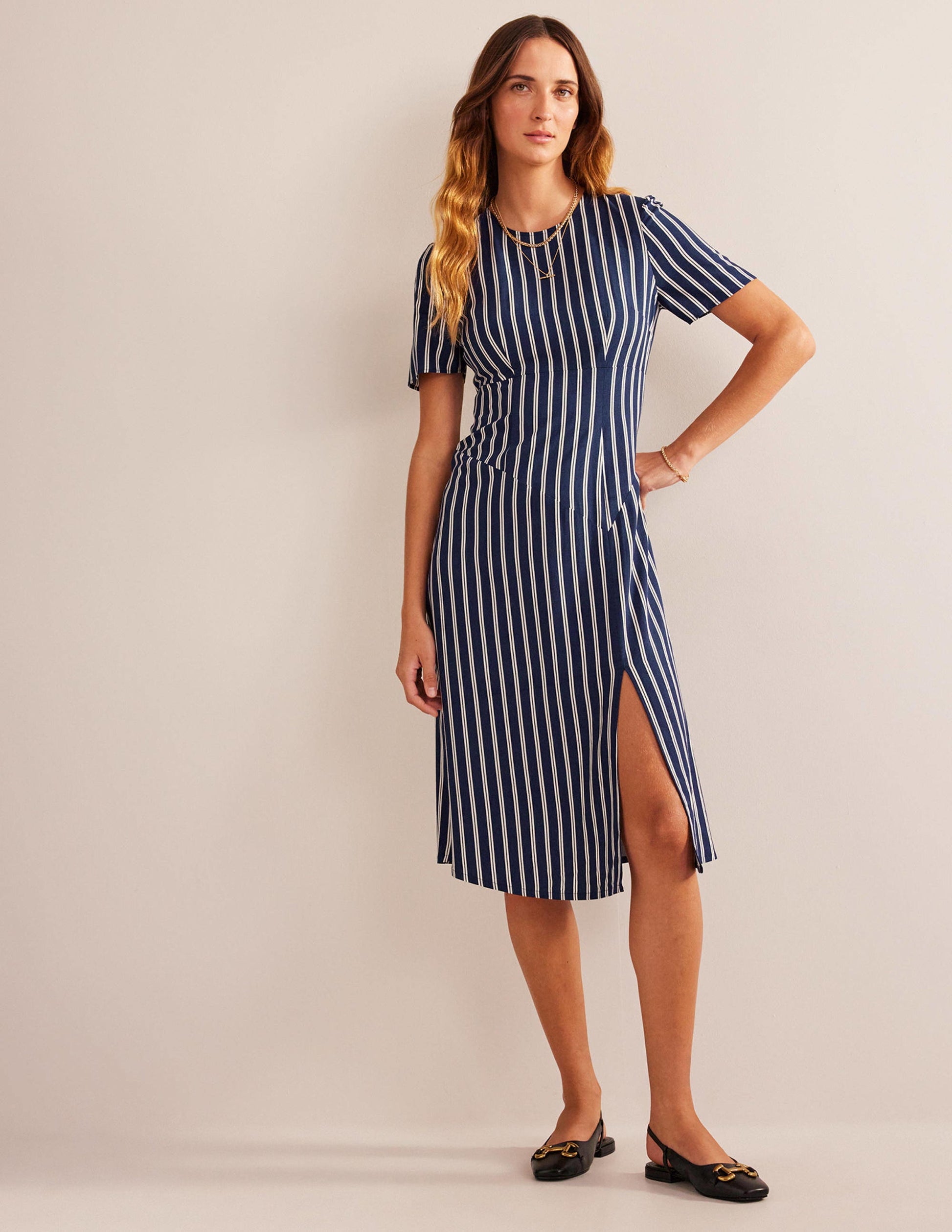 Striped Asymmetric Midi Dress-Navy and Ivory Vertical Stripe-4