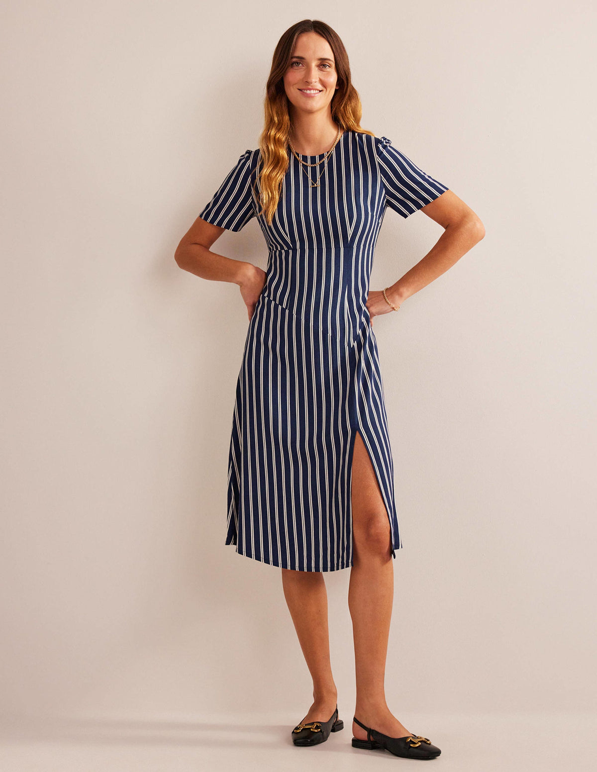 Striped Asymmetric Midi Dress-Navy and Ivory Vertical Stripe-5