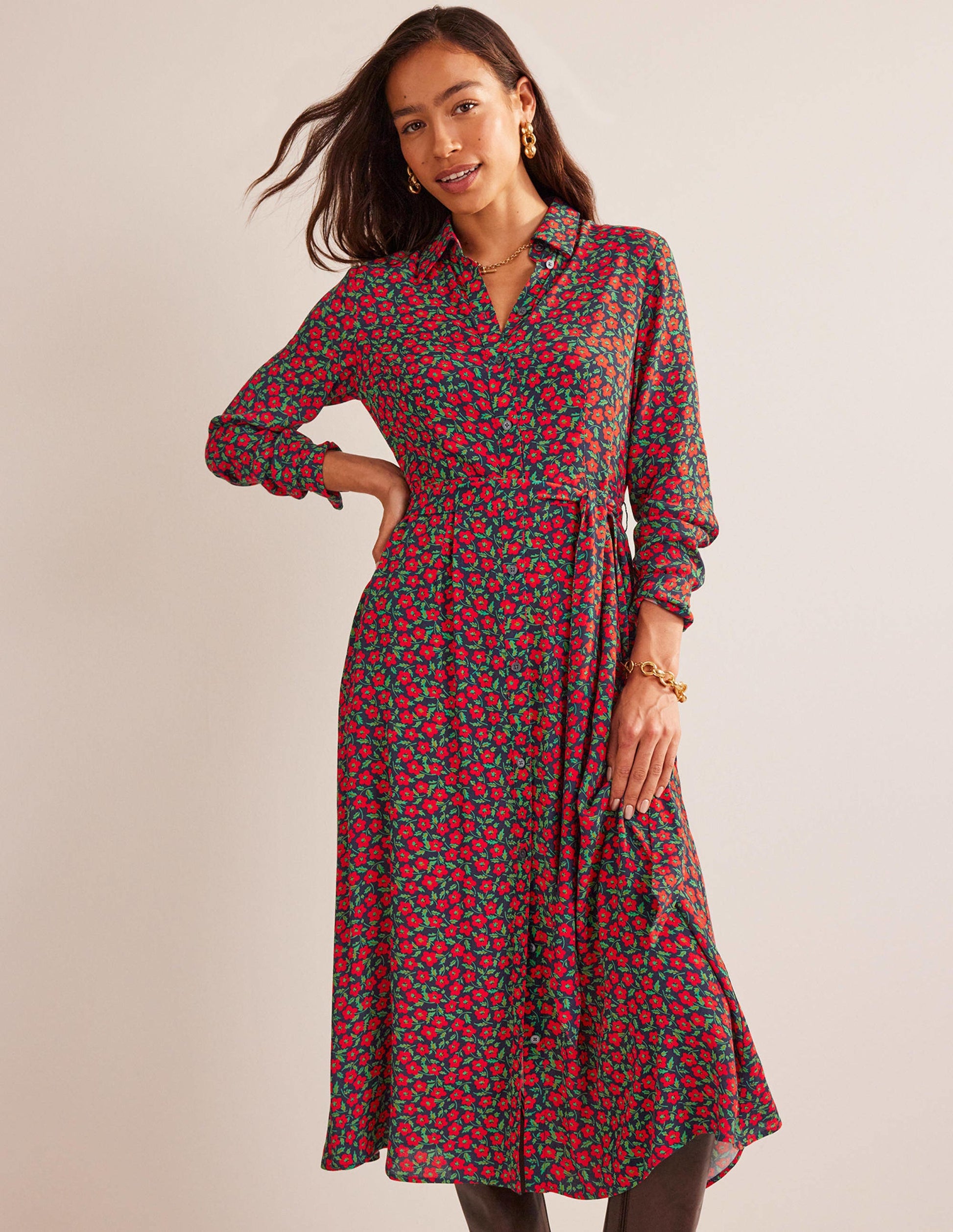 Kate Midi Shirt Dress-Hot Pepper, Petal Pop-5
