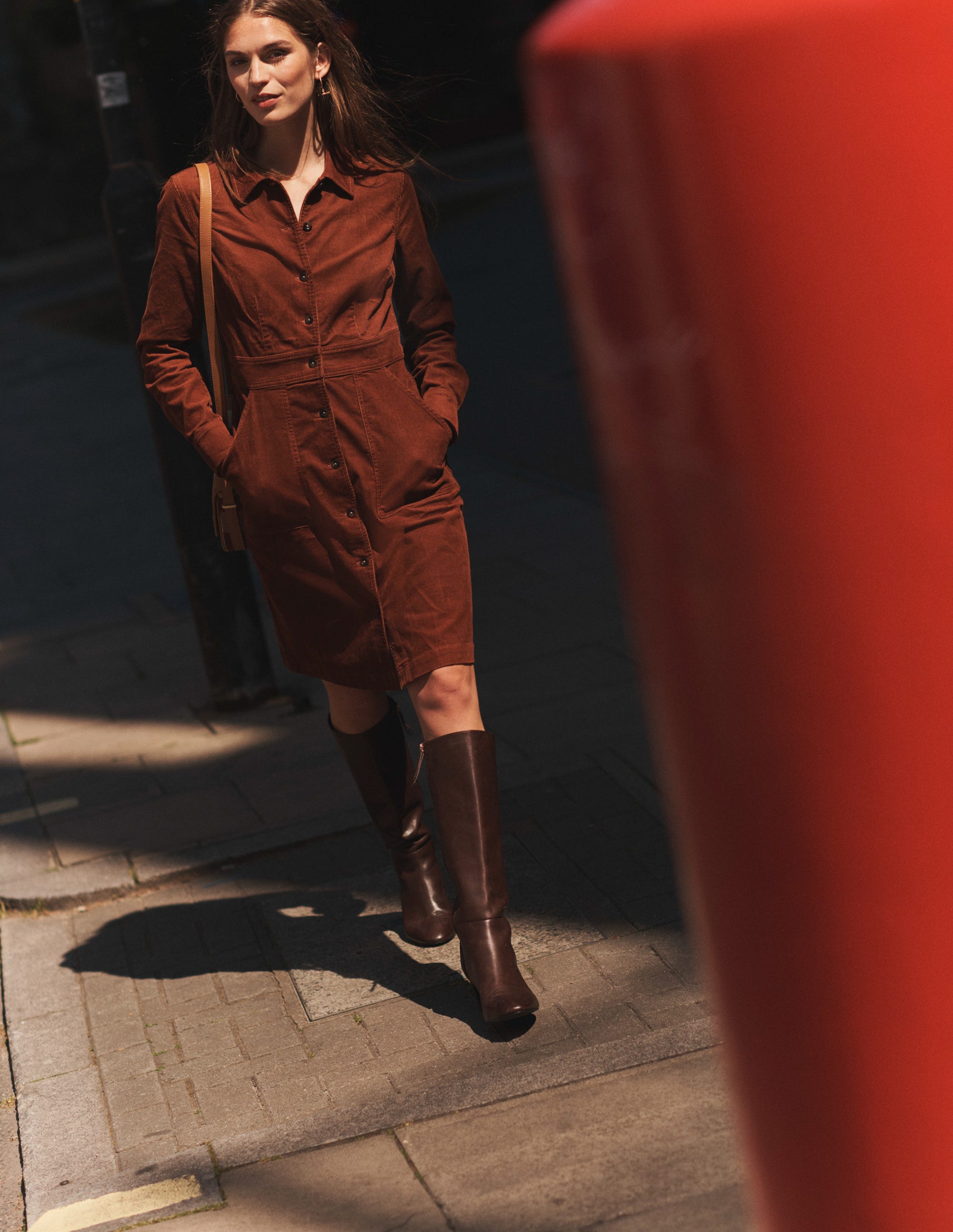 Flora Cord Shirt Dress-Cognac - Image 5