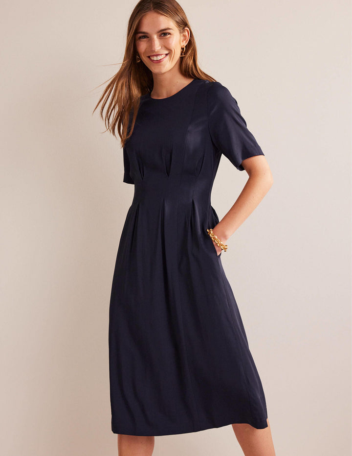 Pleated Midi Dress-Navy