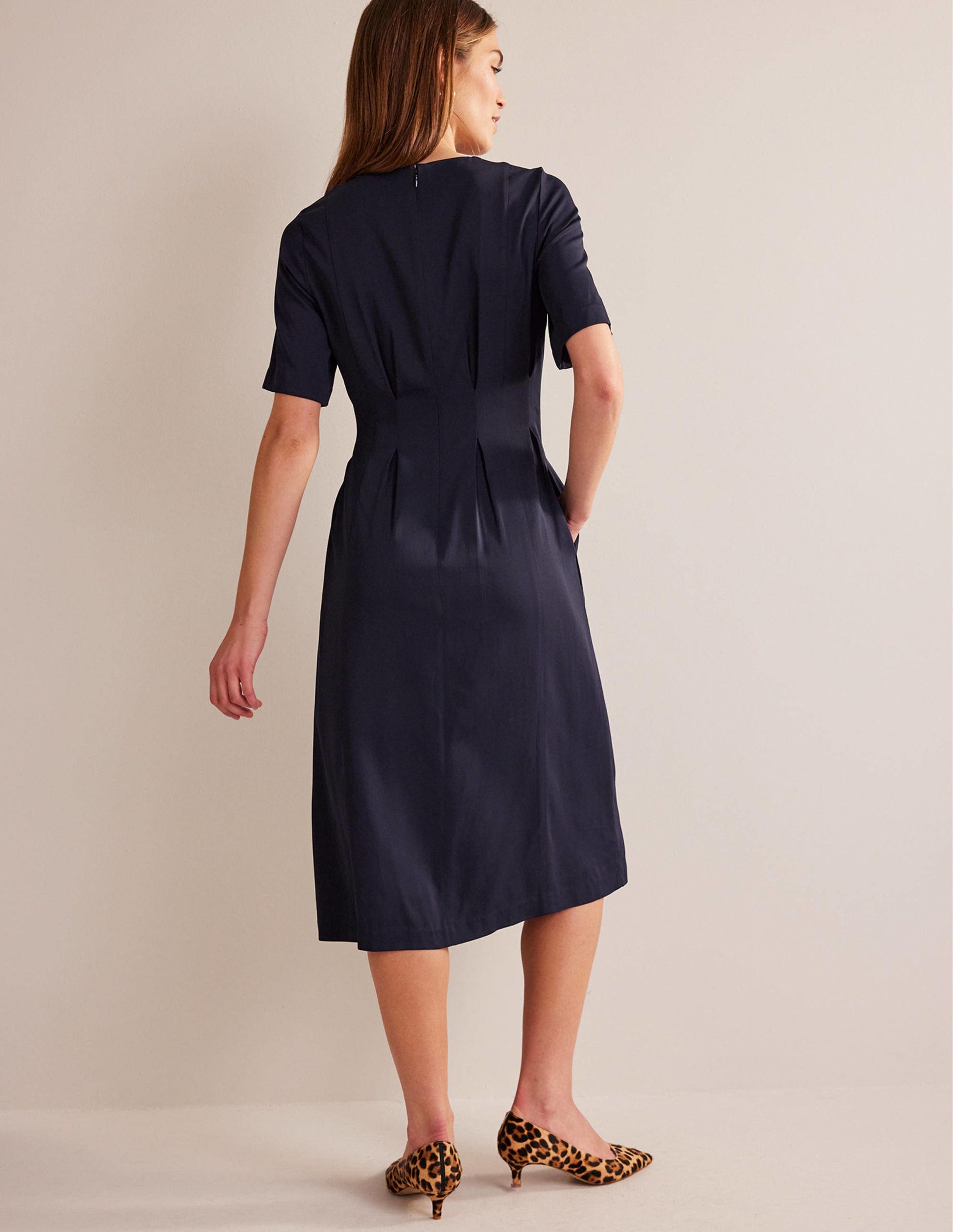 Pleated Midi Dress-Navy-3